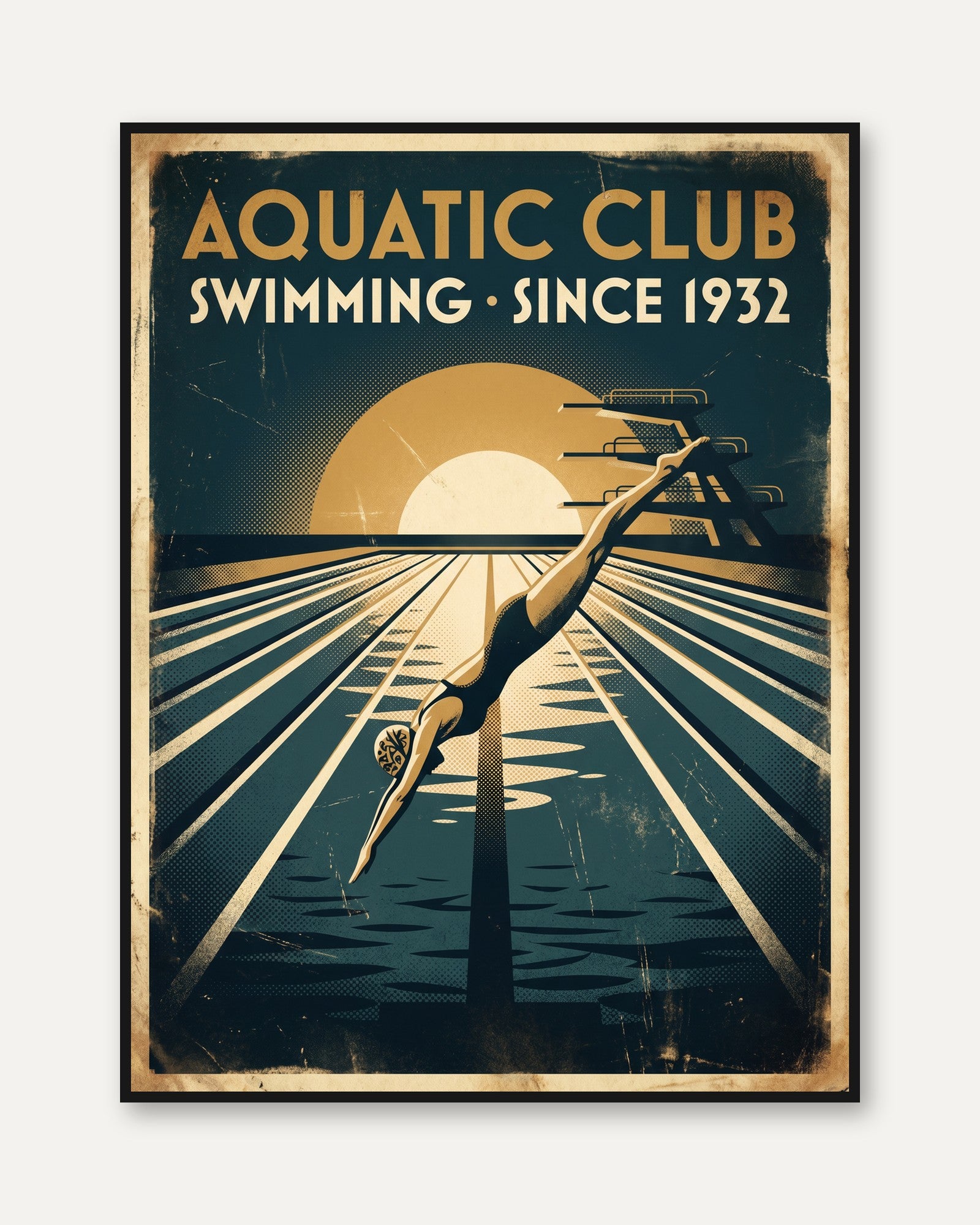 Art Deco Swimming Pool Poster – Vintage Aquatic Club Diver Art - framed