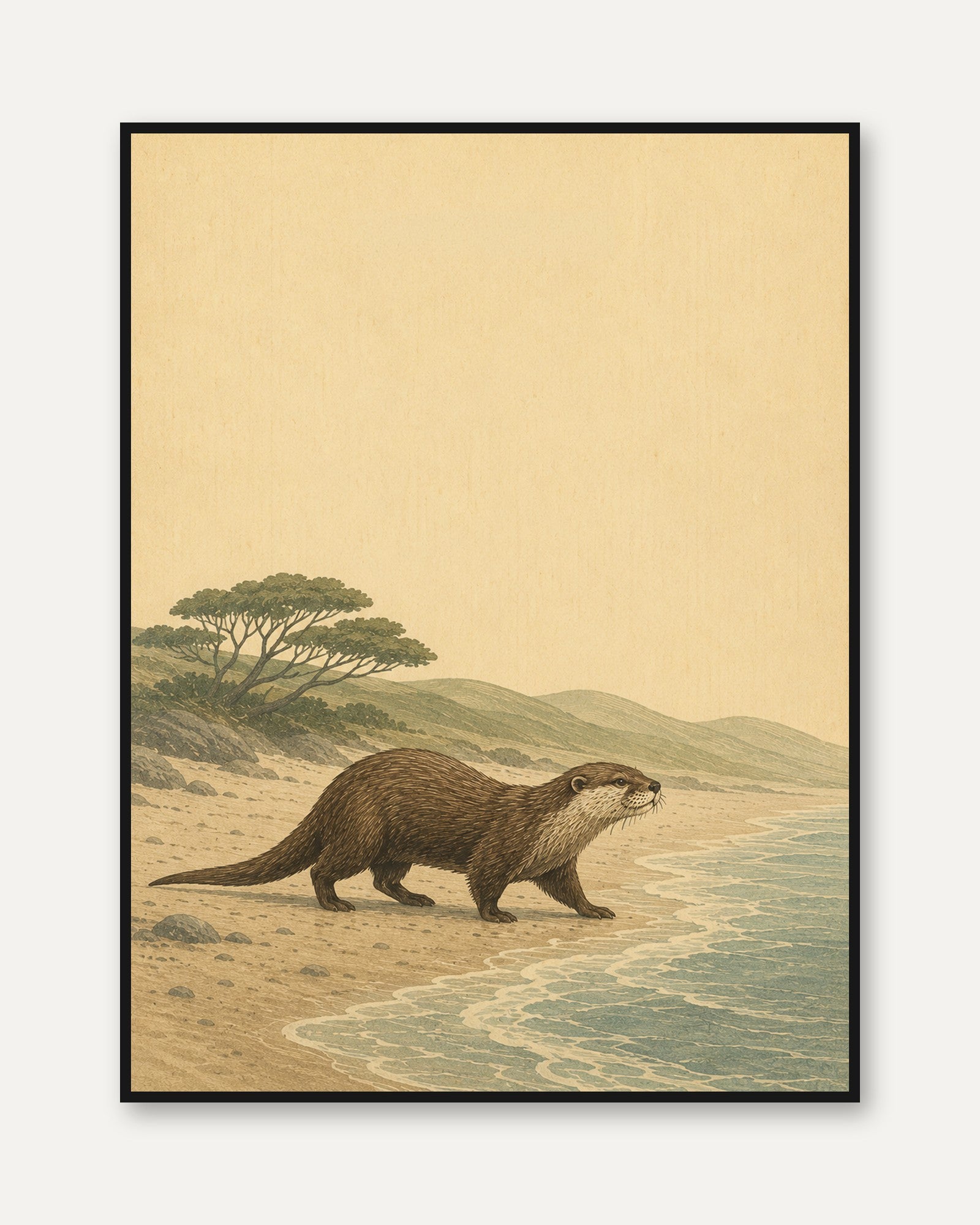 Vintage Otter Wall Art – Coastal Landscape Print - framed
