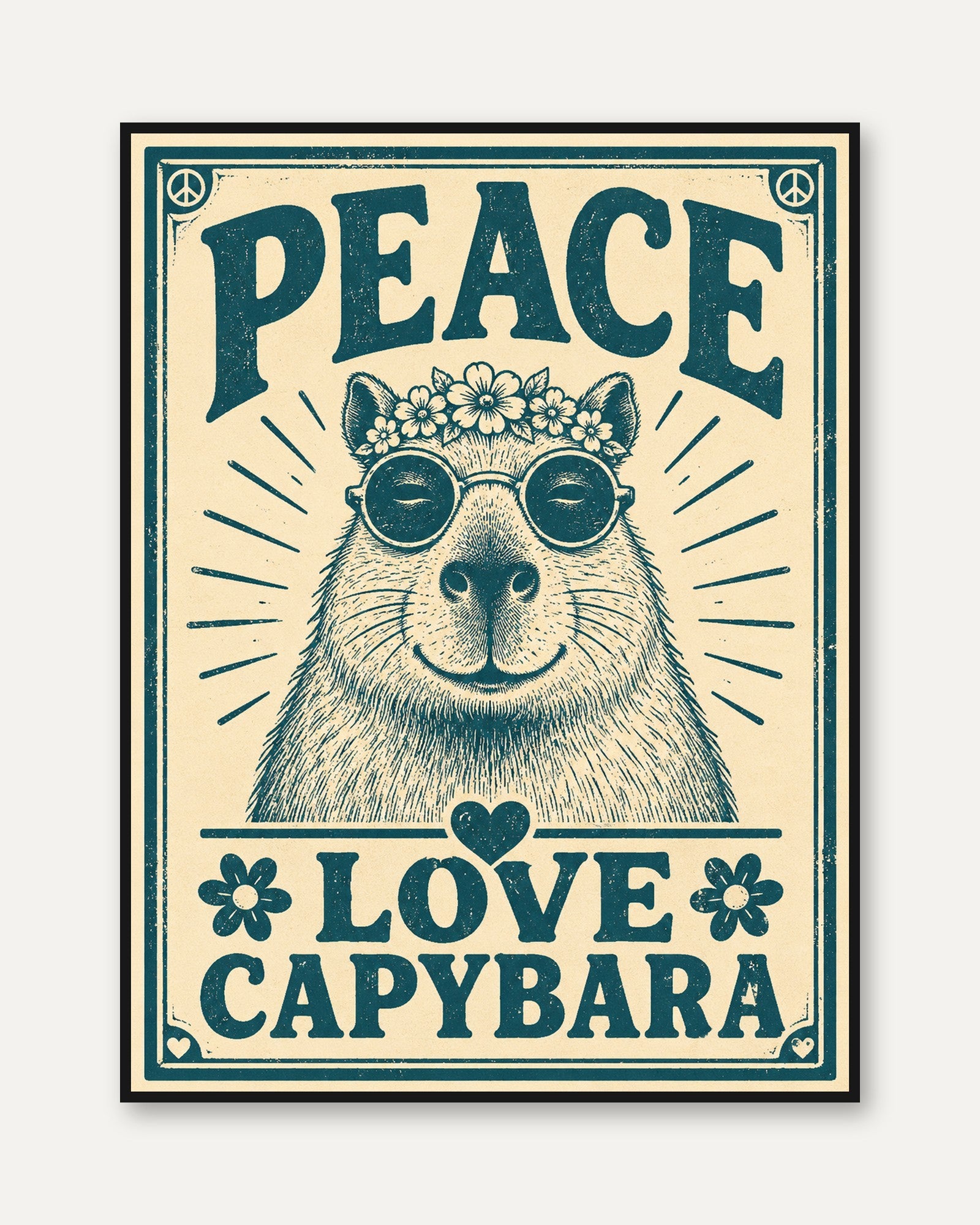 Capybara Wall Art: Retro Hippie Vibes (Peace & Love Poster) - framed