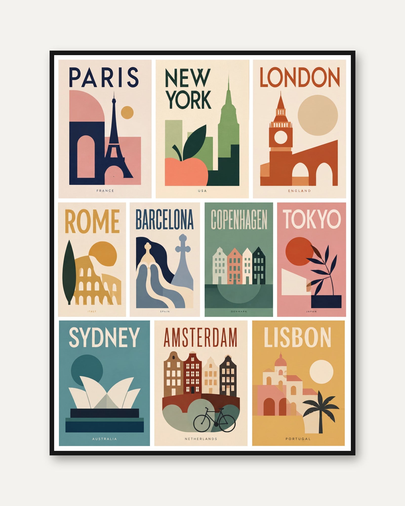 Travel Poster Set: Geometric City Landmarks - framed