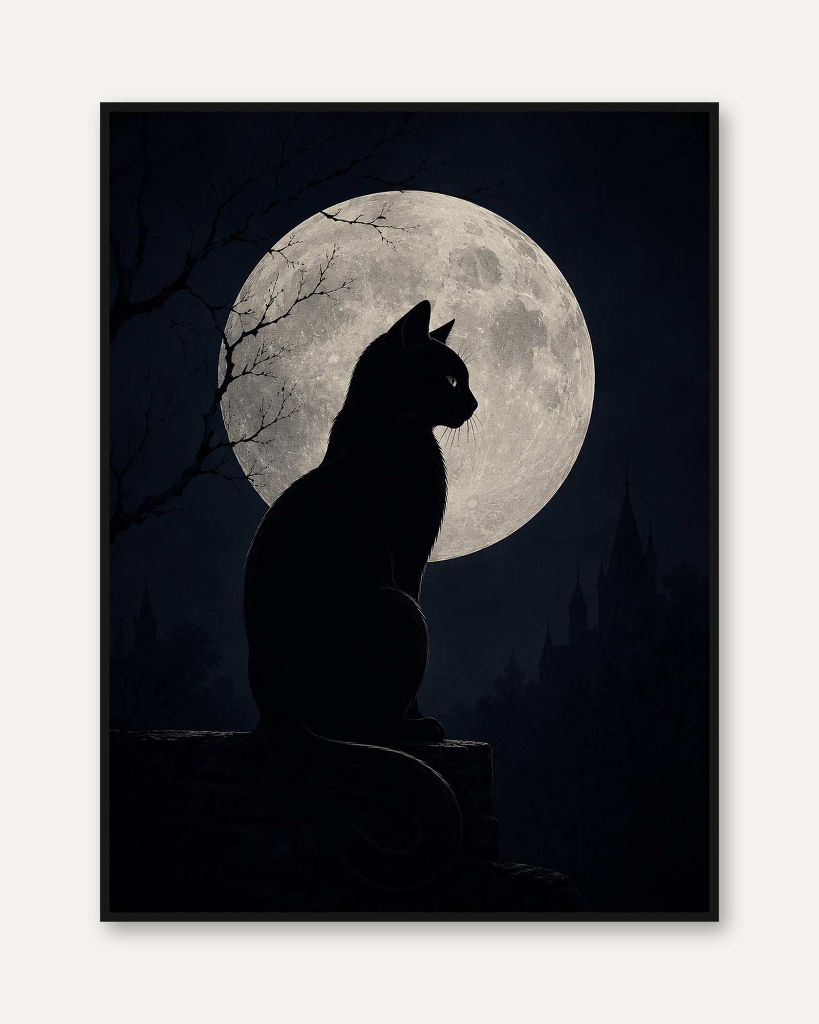 Cat Moon Wall Art – Black Cat Silhouette Print - framed