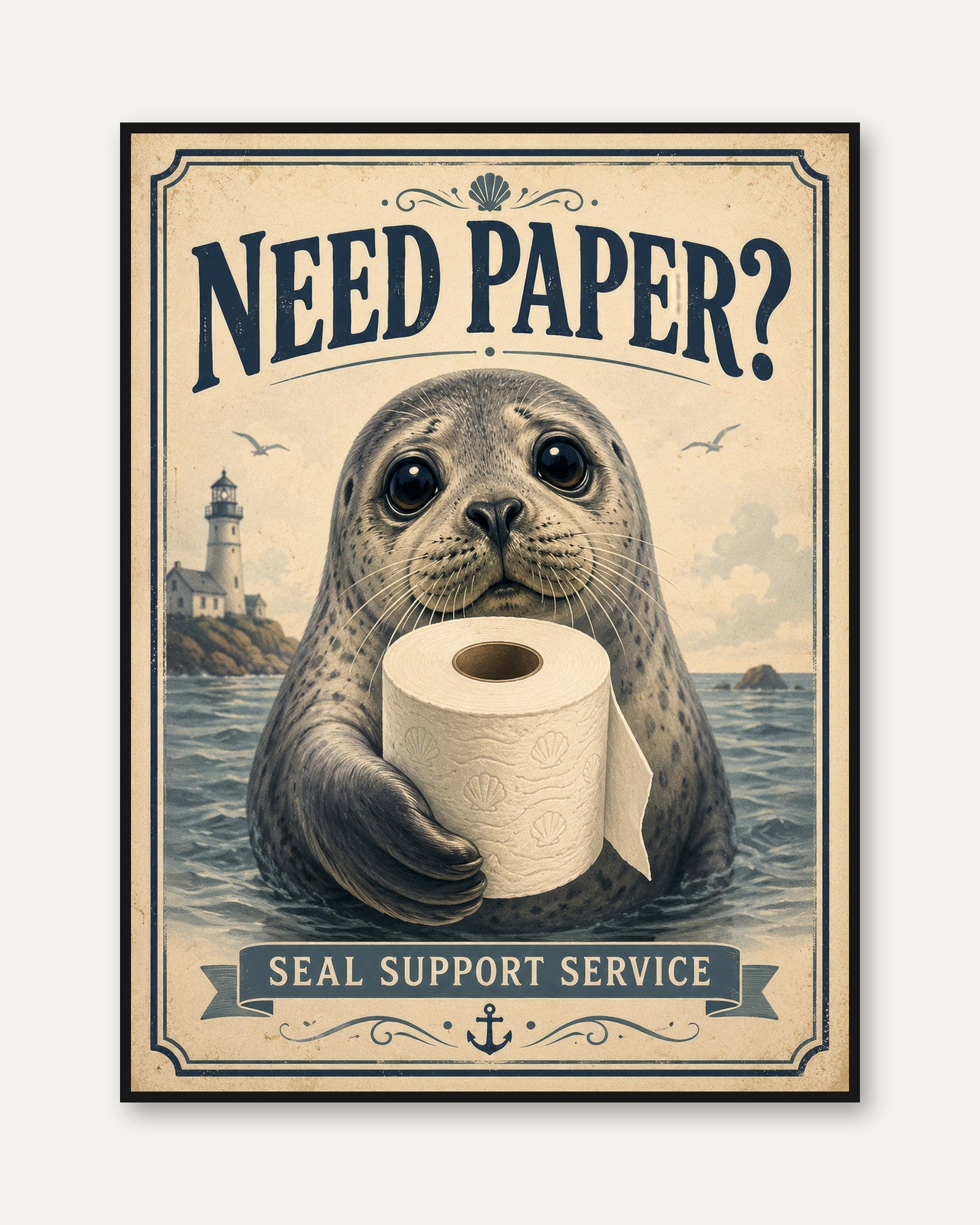 Seal Bathroom Art: Vintage Nautical Humor (Powder Room Decor) - framed