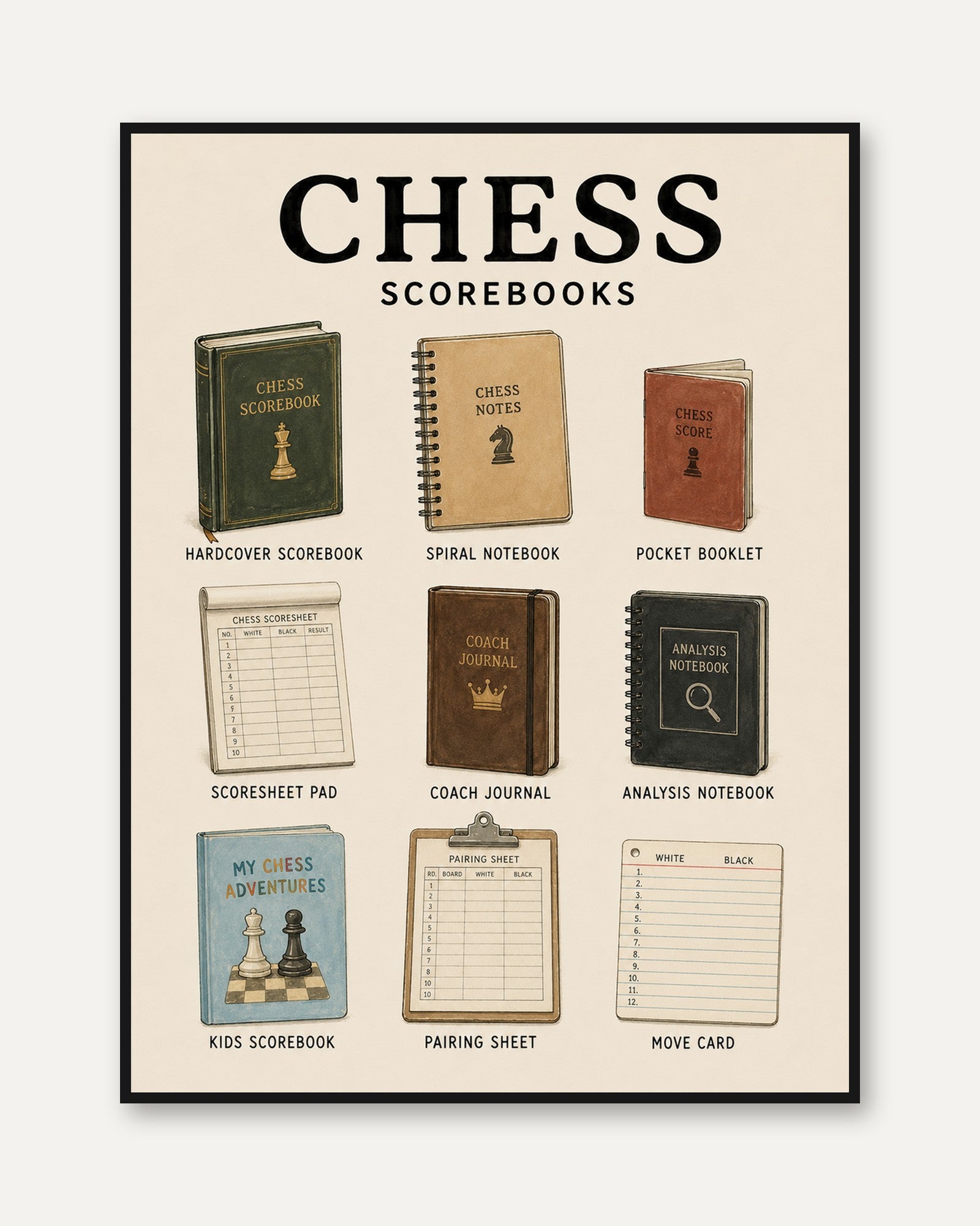 Chess Scorebook Collection Print: Vintage Educational Poster - framed