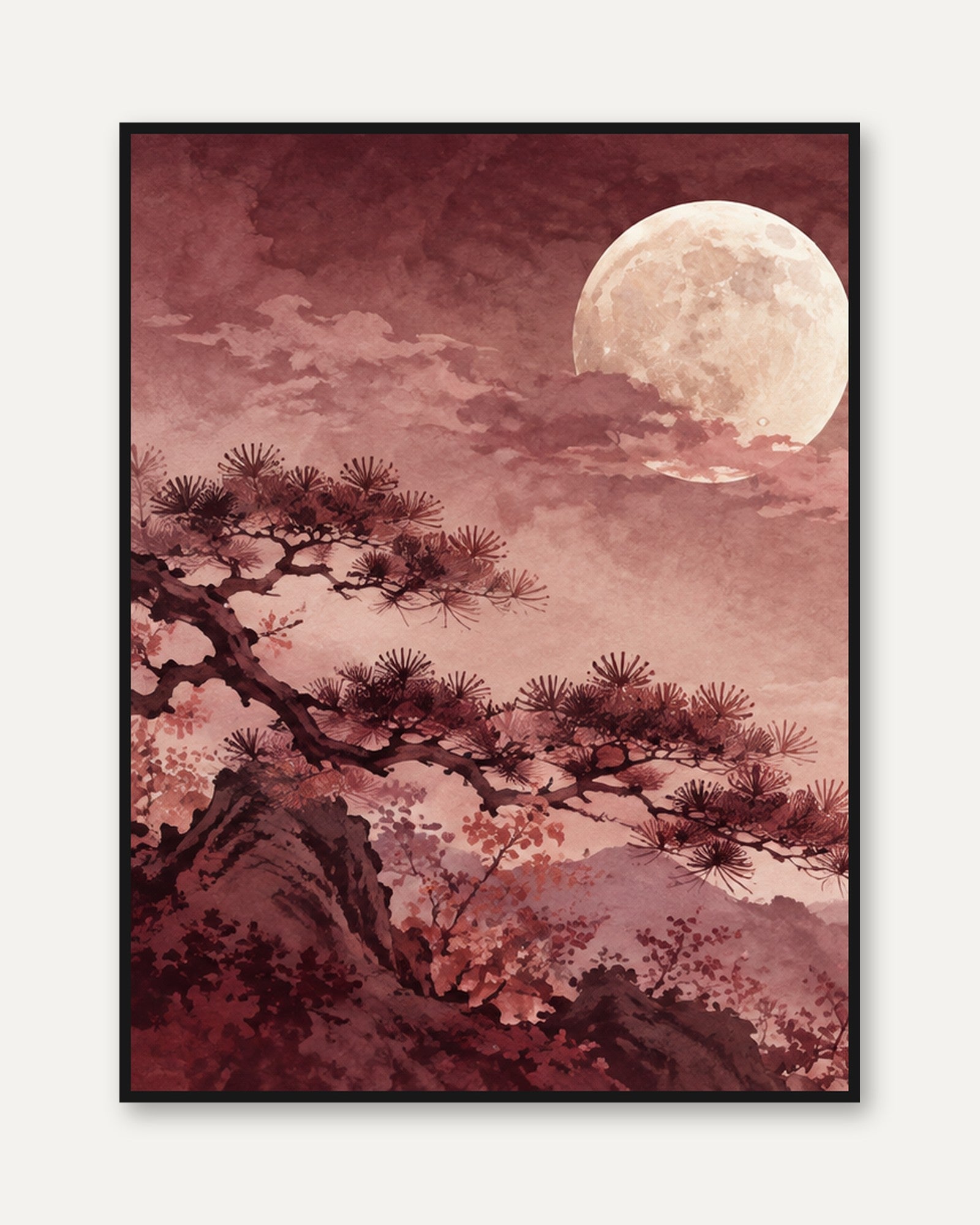 Japanese Pine Tree Moon Art Print: Mauve Watercolor Landscape - framed