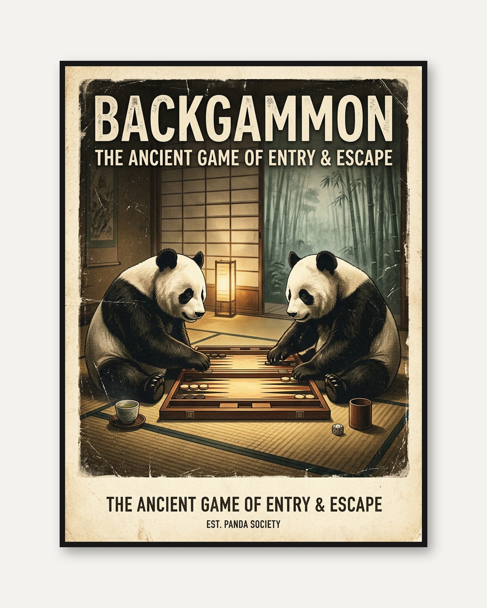 Backgammon Pandas Art Print: Vintage Japanese Game Room Poster - framed
