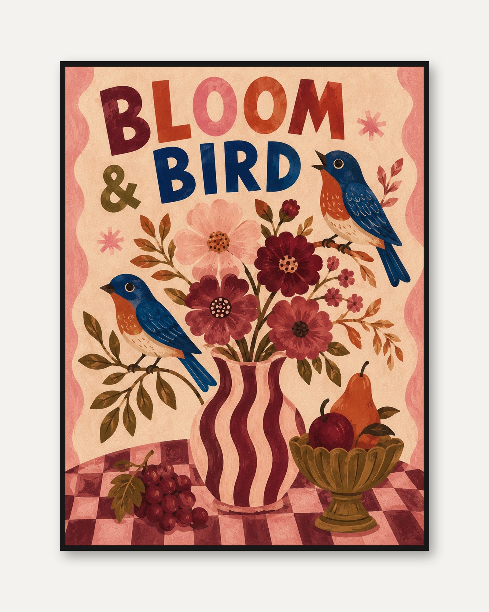 Bloom & Bird Folk Art Print: Blue Birds with Burgundy Florals - framed