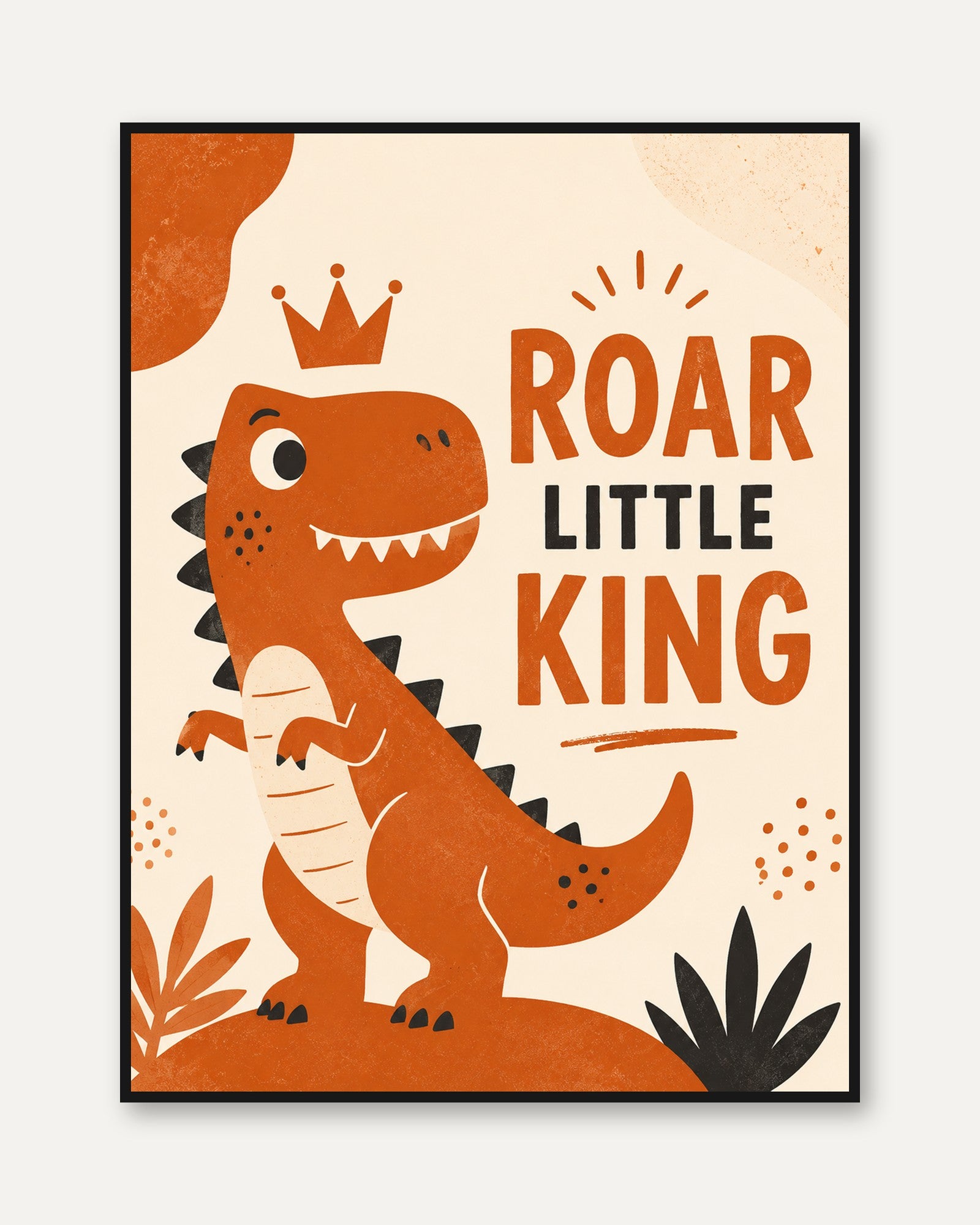 Roar Little King Dinosaur Poster: Retro Orange Nursery Art Print - framed