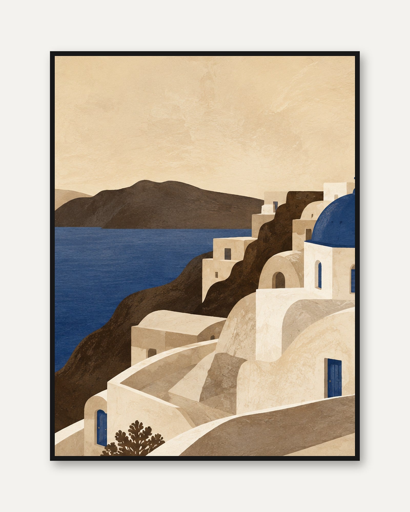 Greek Island Village Art Print: Minimalist Coastal Architecture - framed