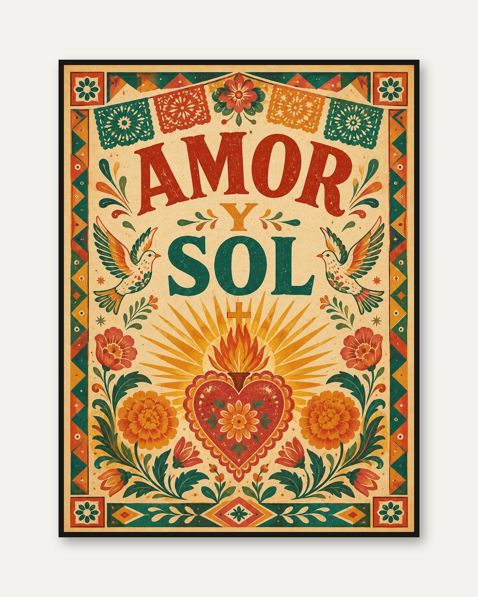 Amor y Sol Folk Art Print: Colorful Floral Heart - framed