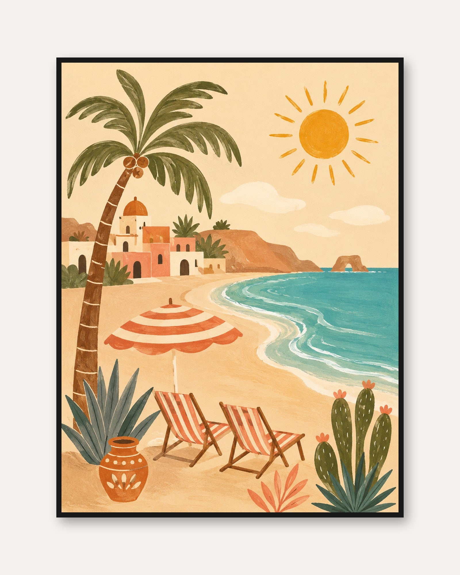 Mediterranean Beach Poster – Coastal Wall Art - framed