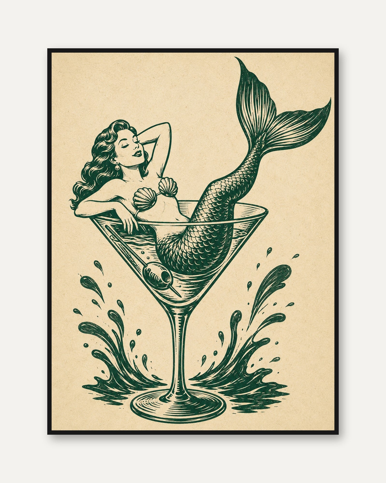 Mermaid in Martini Glass Art Print: Vintage Nautical Illustration - framed