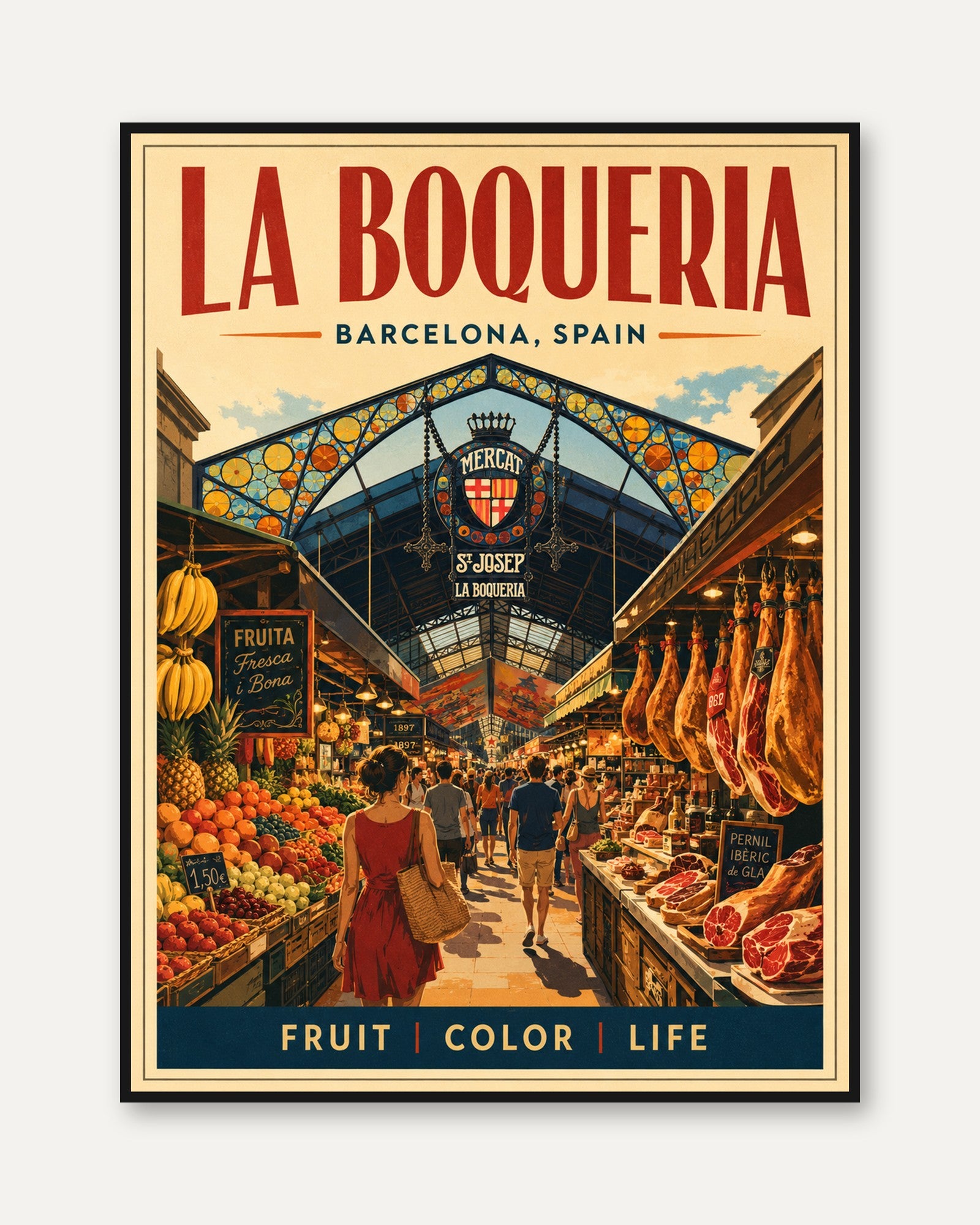 La Boqueria Barcelona Vintage Travel Poster — Retro Spanish Market Art - framed
