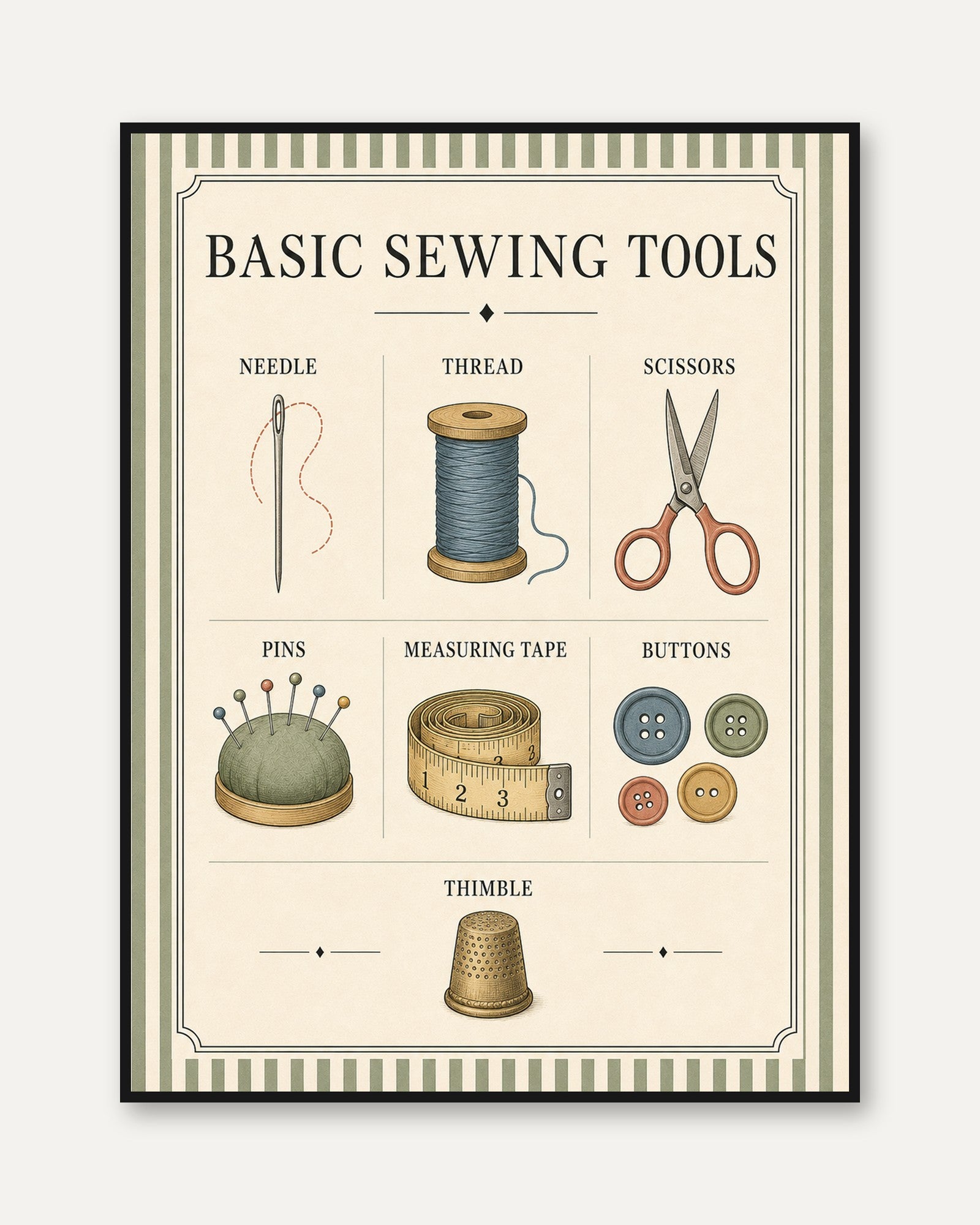 Vintage Sewing Tools Print – Craft Room Wall Art - framed