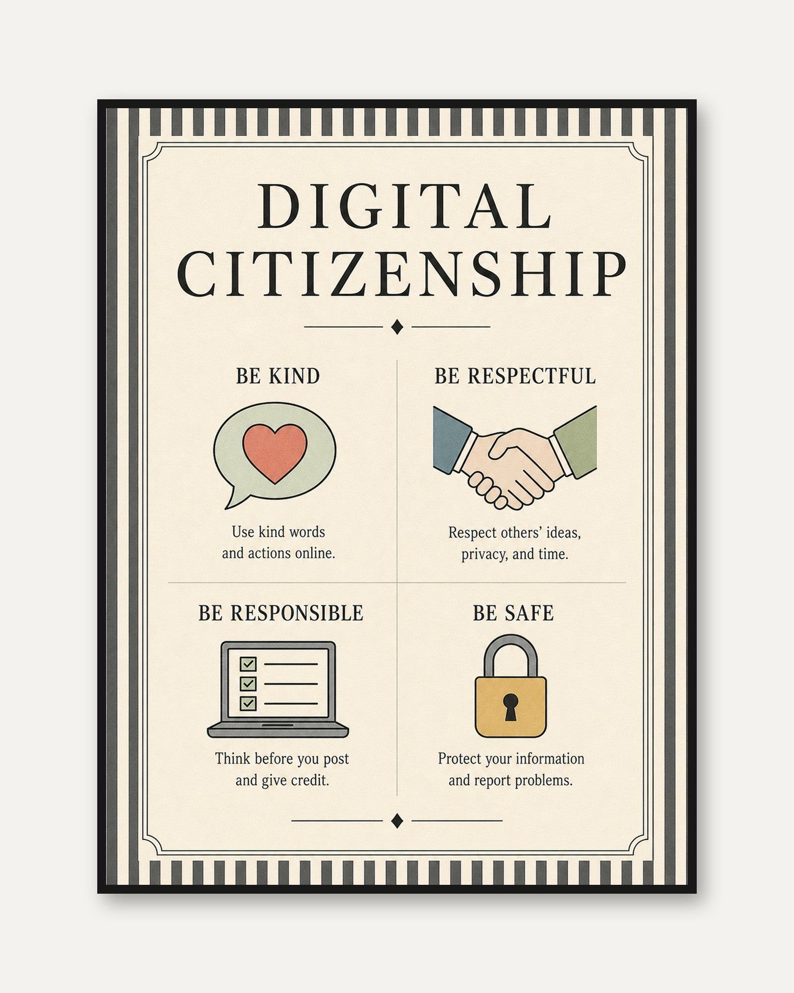 Digital Citizenship Poster: Vintage Educational Wall Art - framed