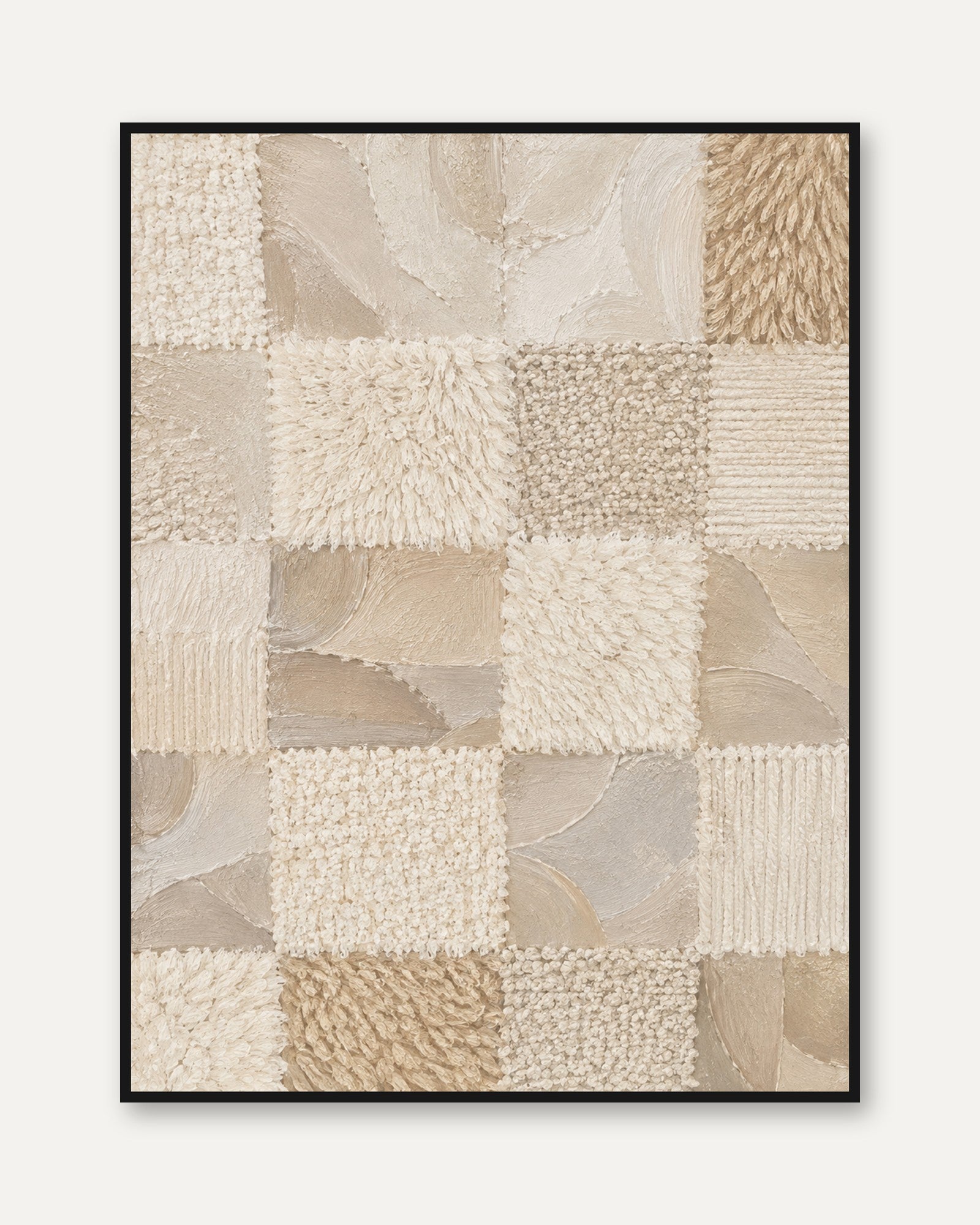 Textured Beige Patchwork Wall Art: Abstract Fiber Collage - framed