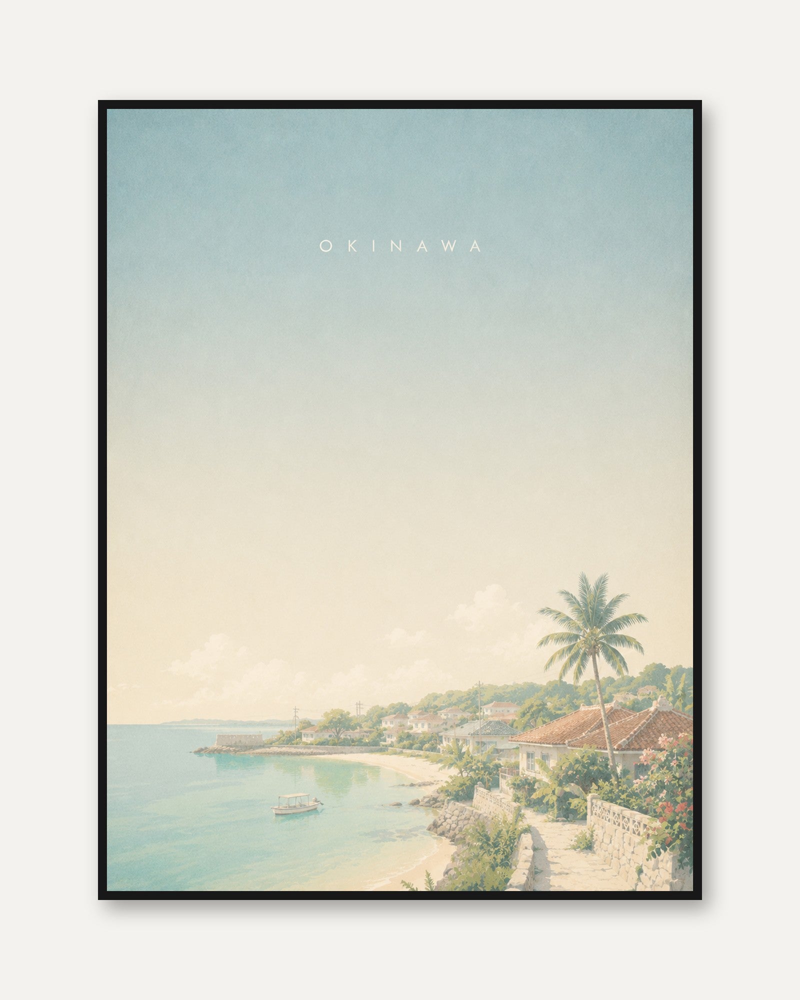 Okinawa Coastal Village Print: Pastel Tropical Beach Art - framed