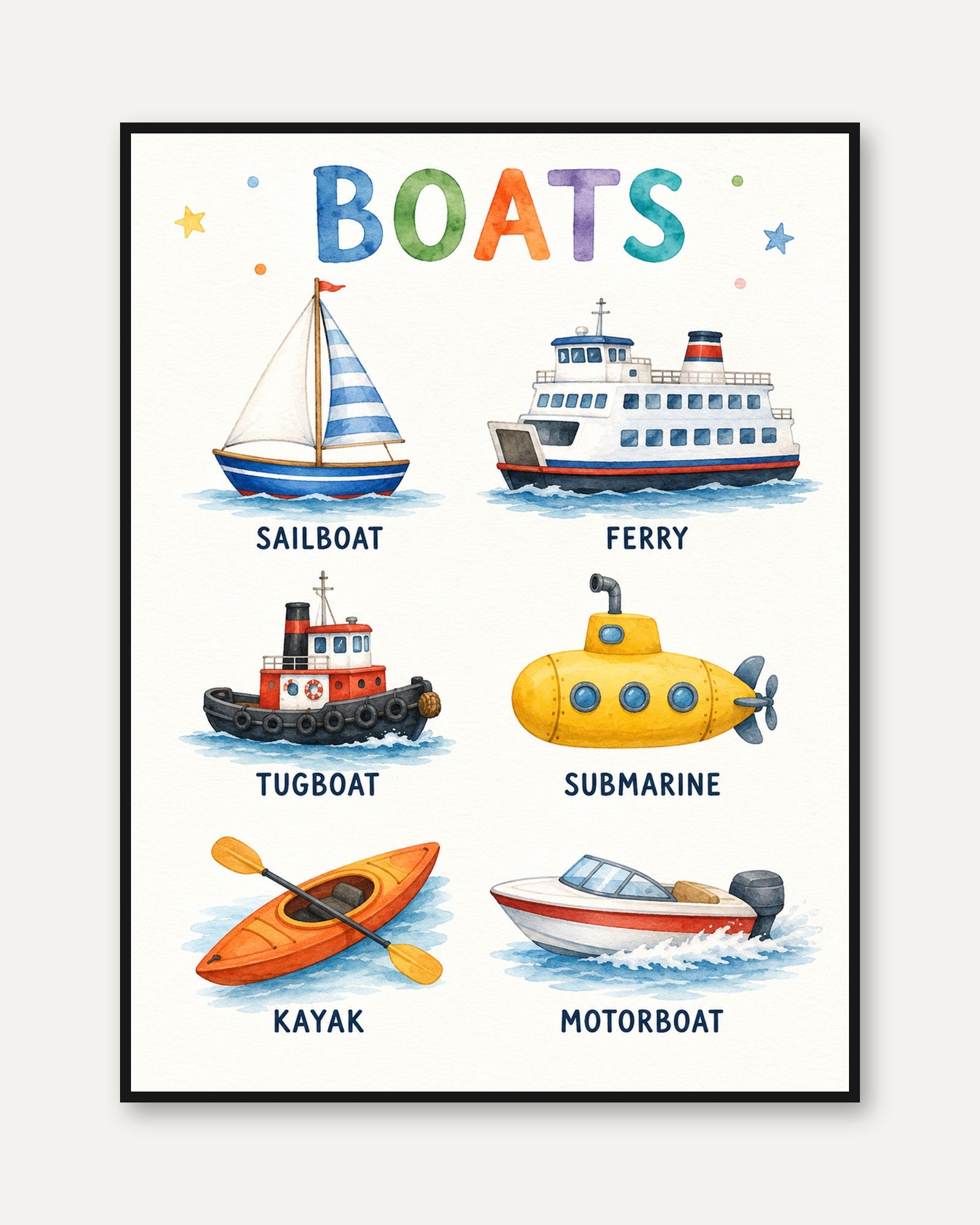 Watercolor Boats Print: Educational Kids Poster for Nursery - framed