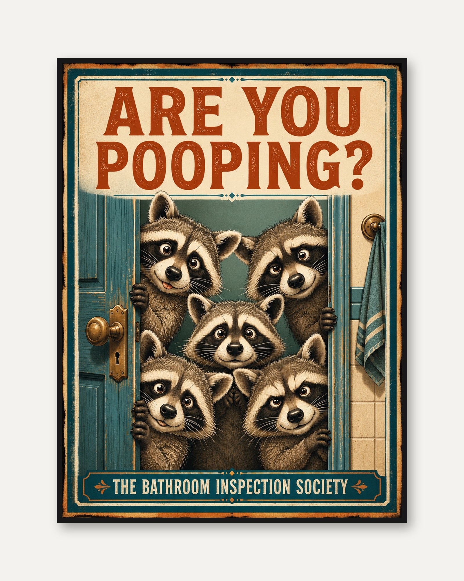 Vintage Raccoon Bathroom Wall Art - framed
