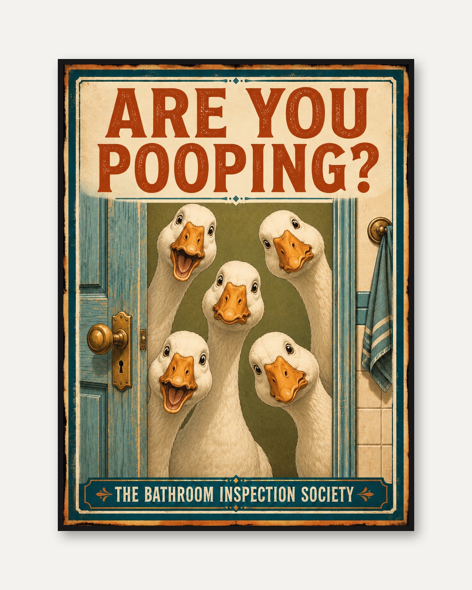 Funny Bathroom Ducks Print: Vintage Humor Wall Art - framed