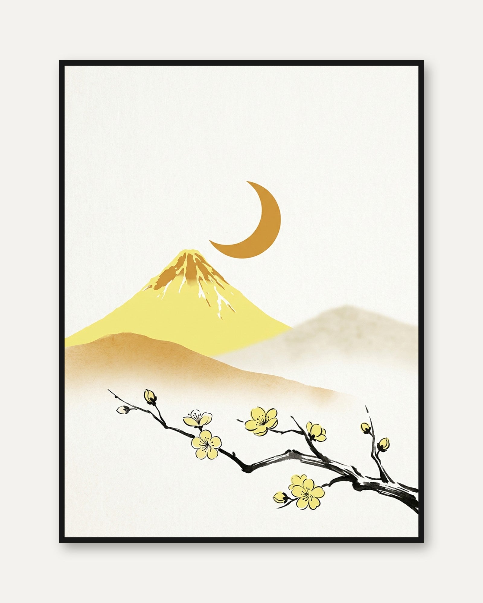 Japanese Mountain Moon Art Print: Minimalist Yellow Landscape - framed