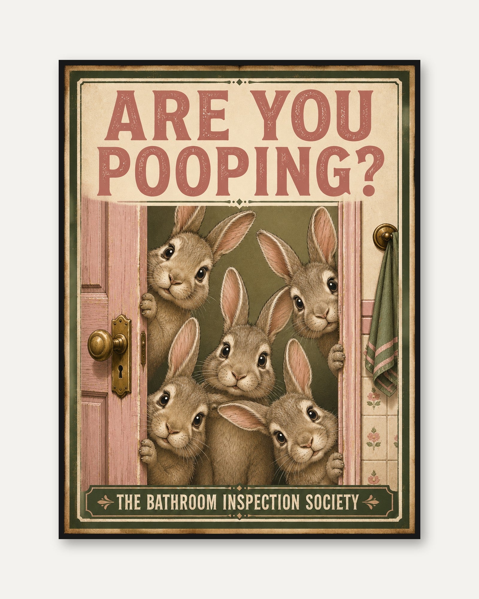 Bathroom Wall Art: Whimsical Bunny Humor (Vintage Style Print) - framed