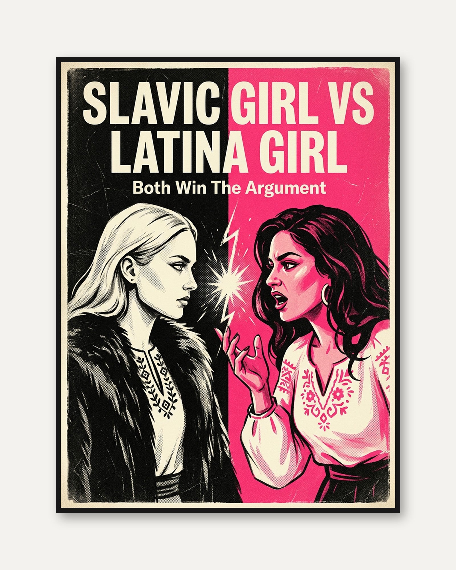 Retro Pop Art Poster: Dual Portrait in Pink and Black - framed