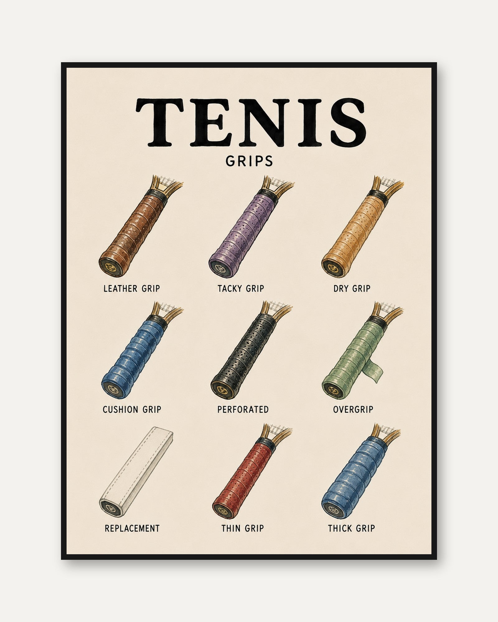 Tennis Grips Guide Poster: Vintage Sports Instruction Chart - framed