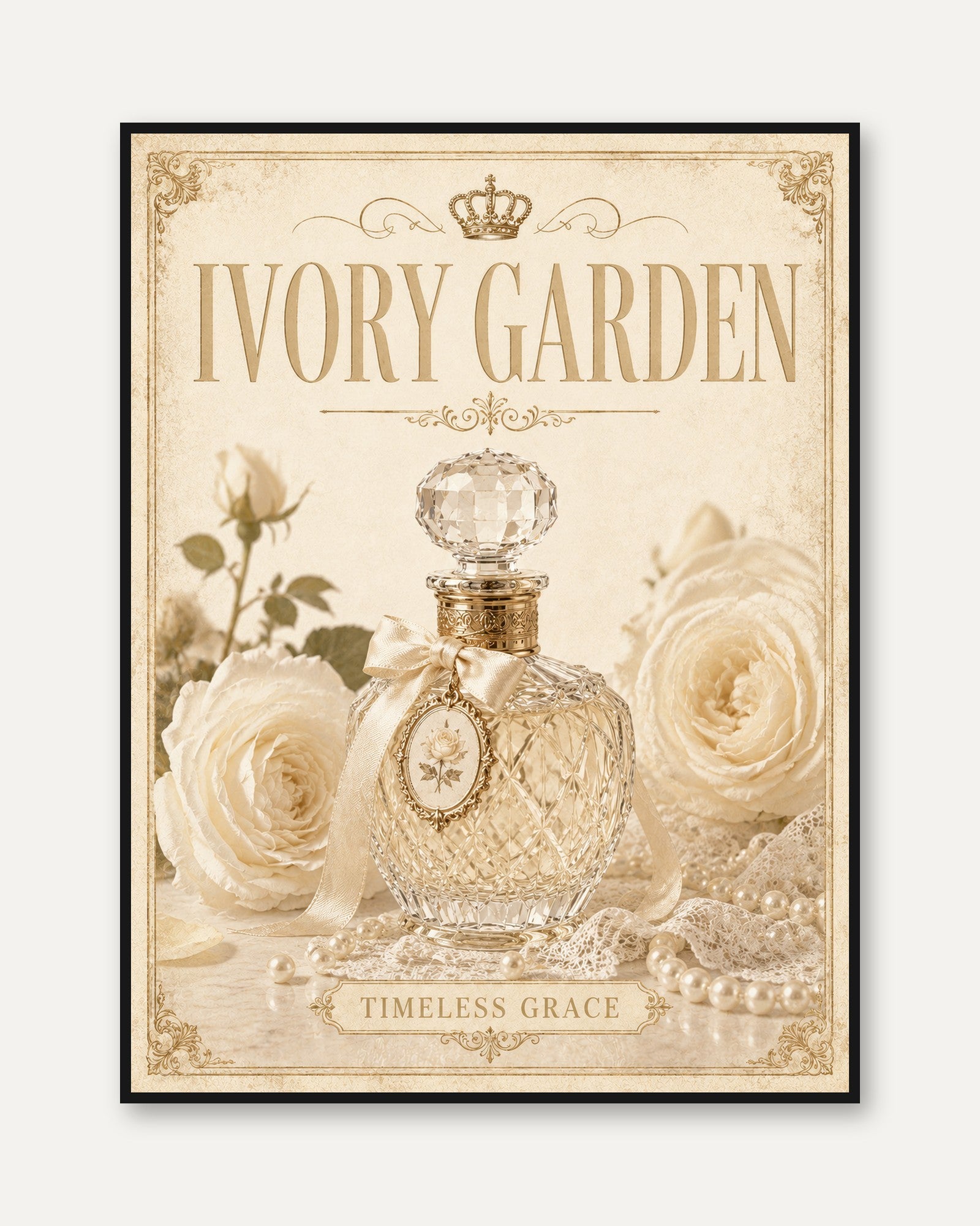 Vintage Perfume Bottle Print — Ivory Garden French Elegance - framed