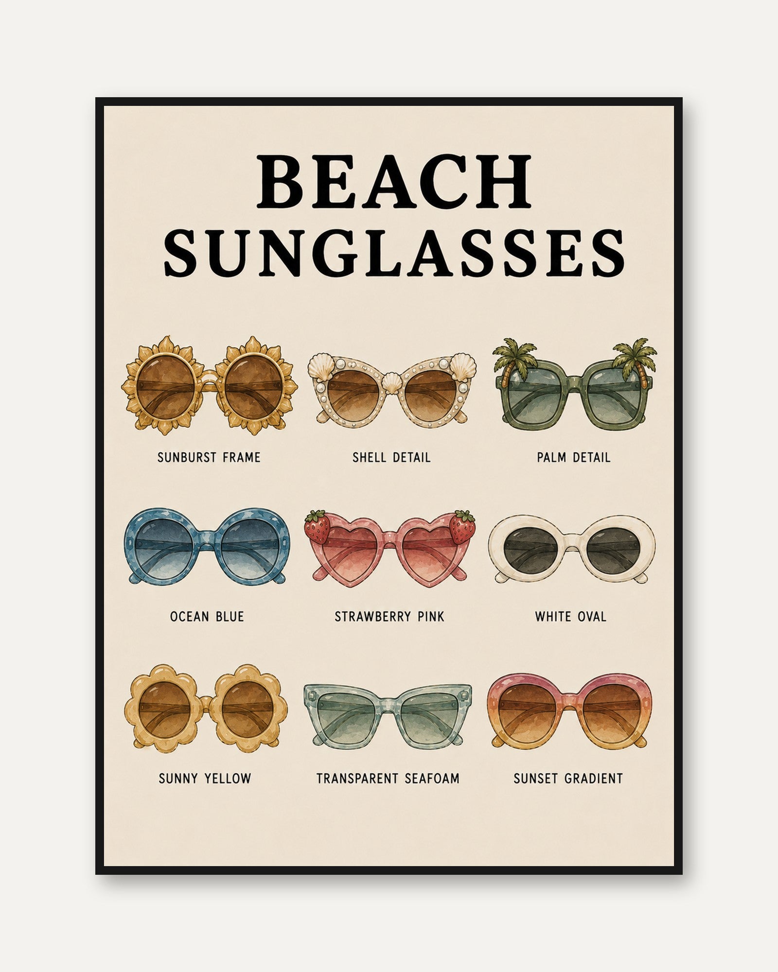 Beach Sunglasses Print — Retro Illustrated Collection - framed