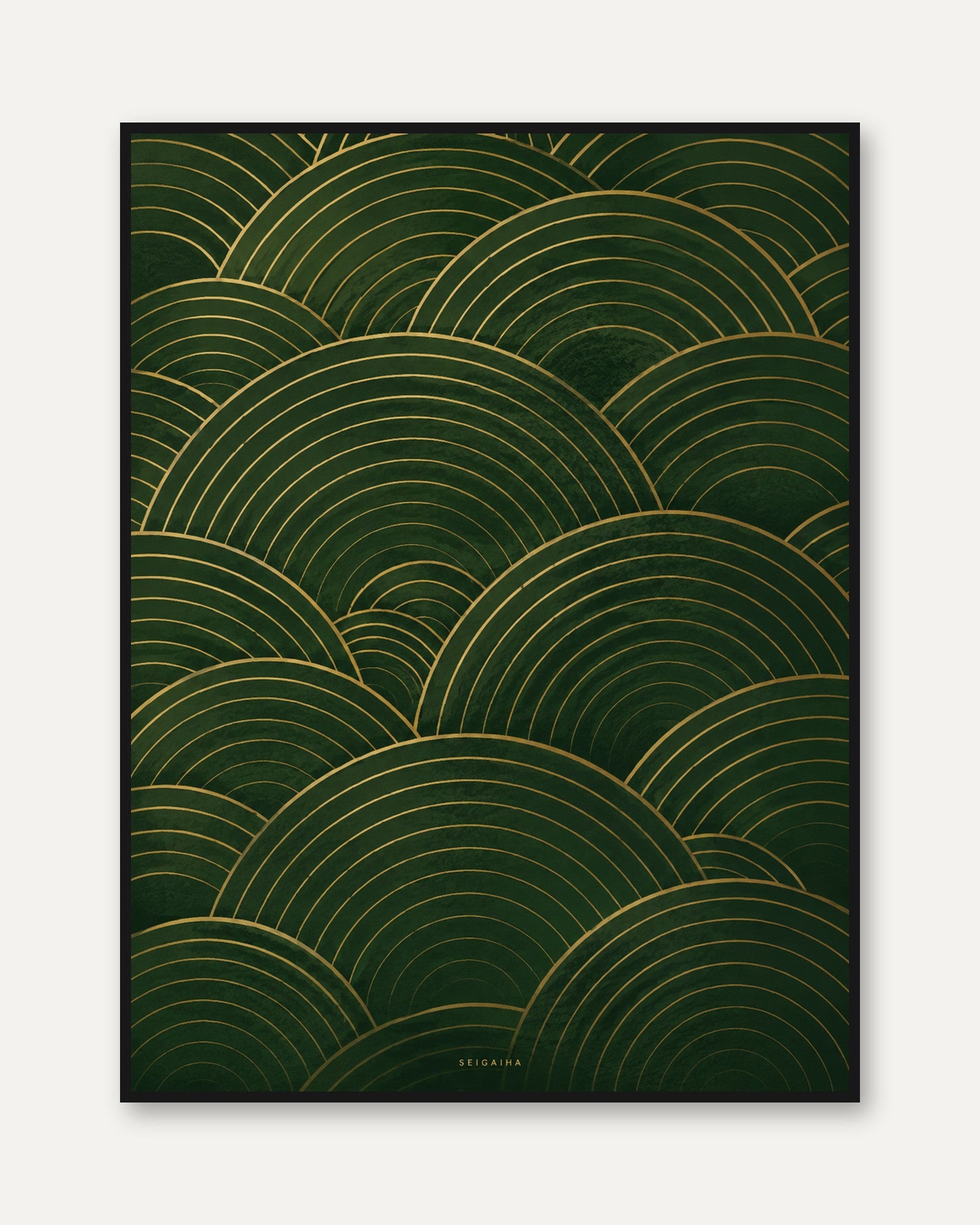 Japanese Wave Pattern Print: Gold & Green Seigaiha Art Deco - framed