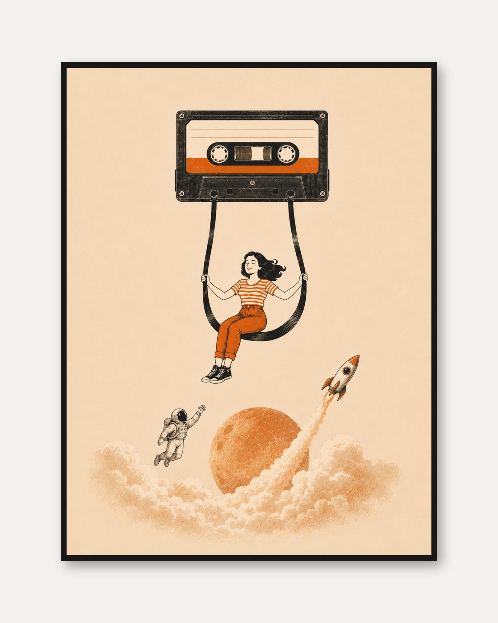 Cassette Tape Swing Art Print: Retro Music and Space Illustration - framed