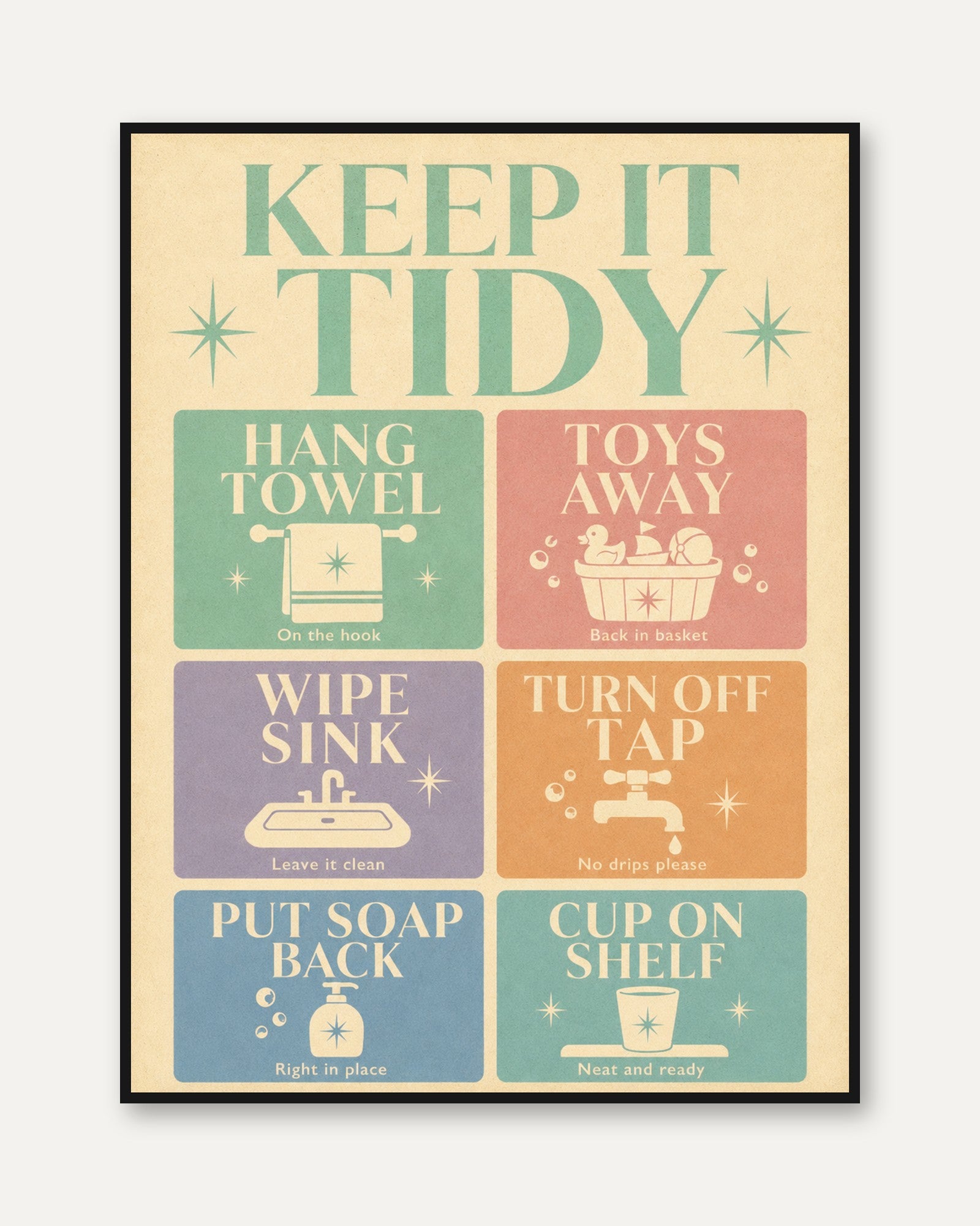 Retro Bathroom Rules Print: Kids Wall Art with Fun Reminders - framed