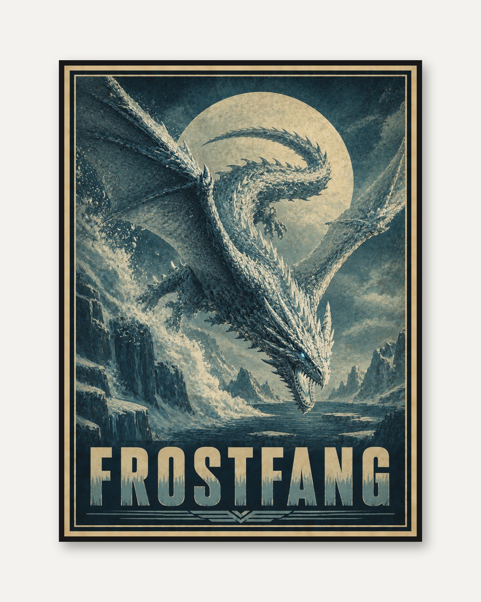 Frostfang Dragon Poster: Vintage Fantasy Art in Ice Blue - framed