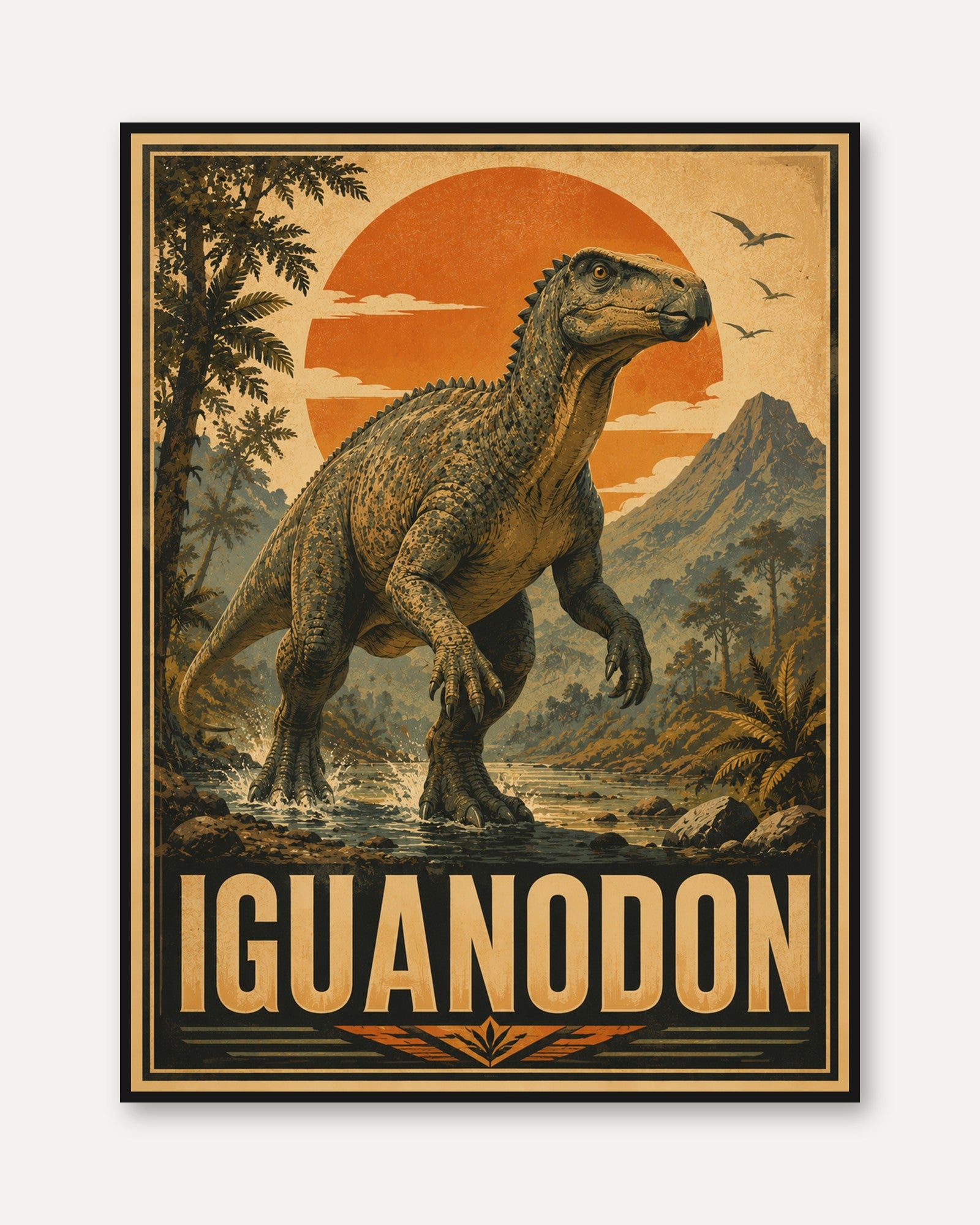 Iguanodon Dinosaur Print: Retro Paleontology Poster - framed