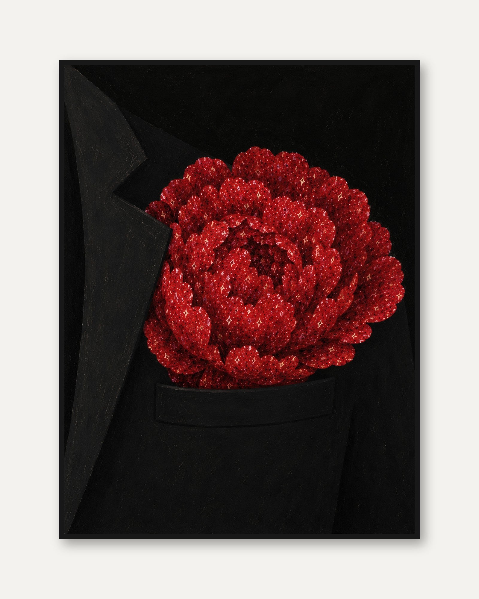 Red Crystal Flower Art Print: Glittering Peony on Black - framed