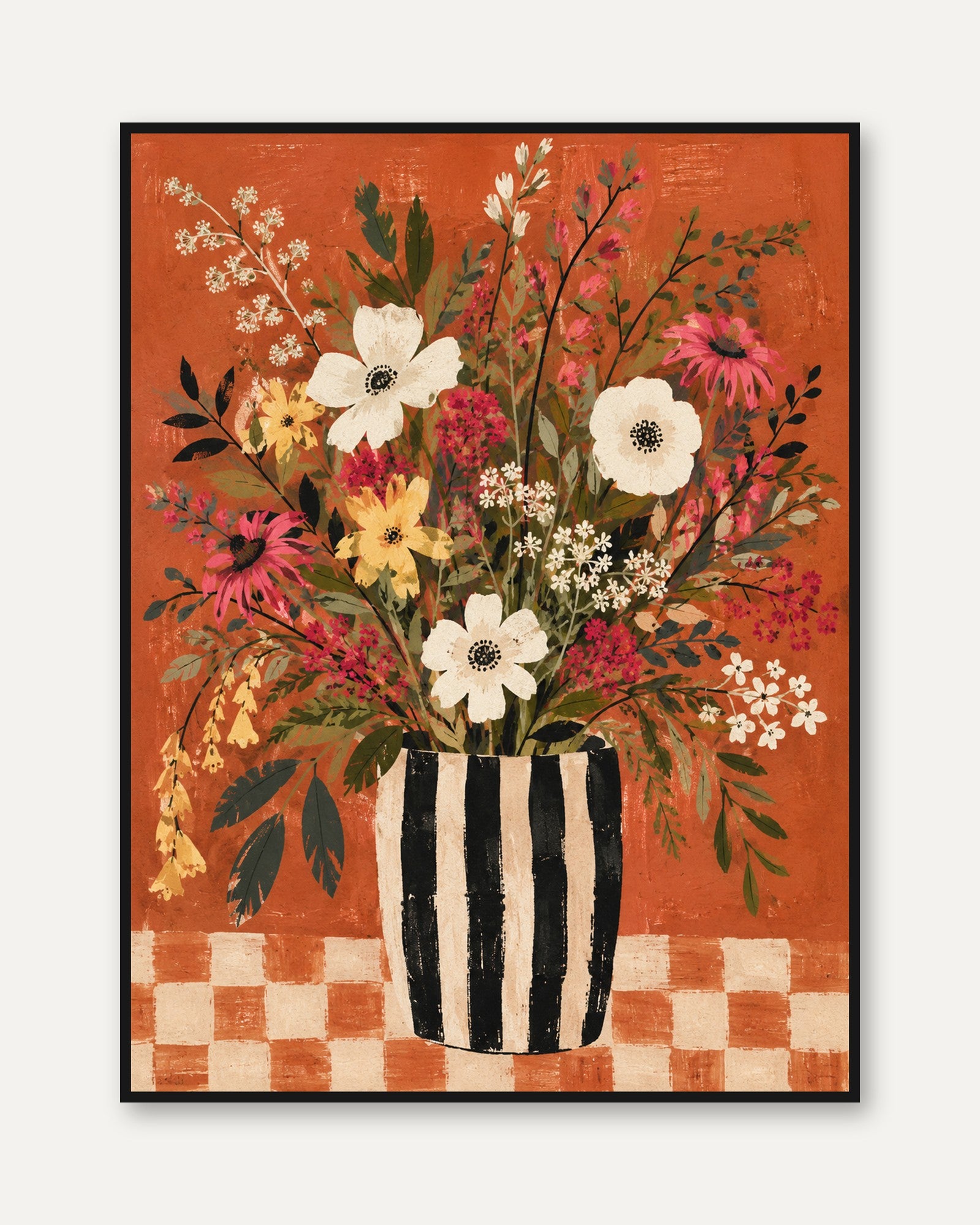 Floral Vase Wall Art – Retro Botanical Print - framed