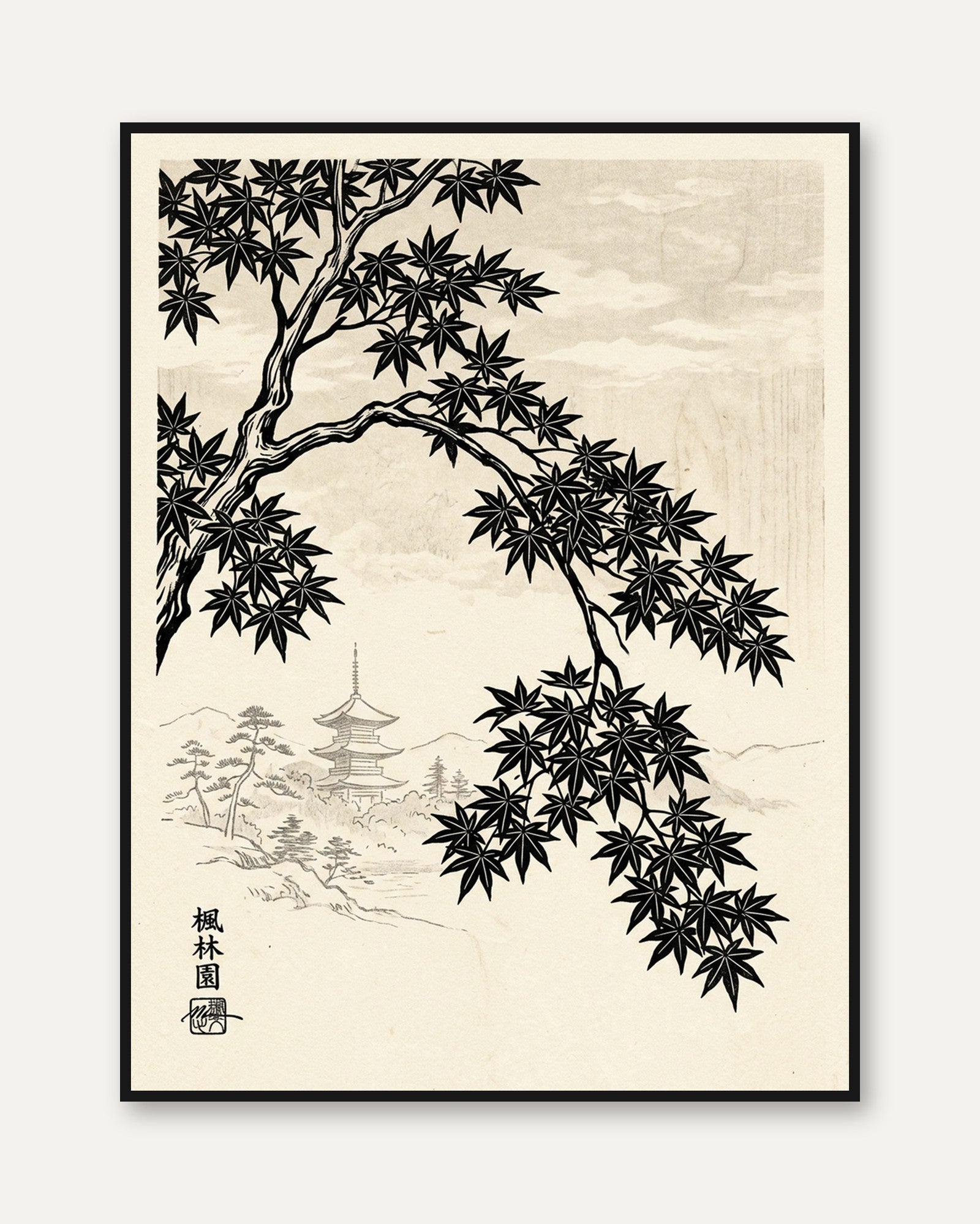 Japanese Maple Tree Art Print: Black and Cream Pagoda Landscape - framed