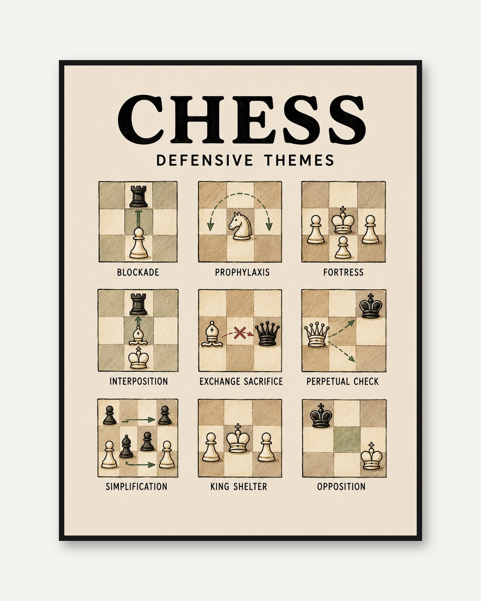 Chess Defensive Themes Poster: Educational Strategy Guide - framed