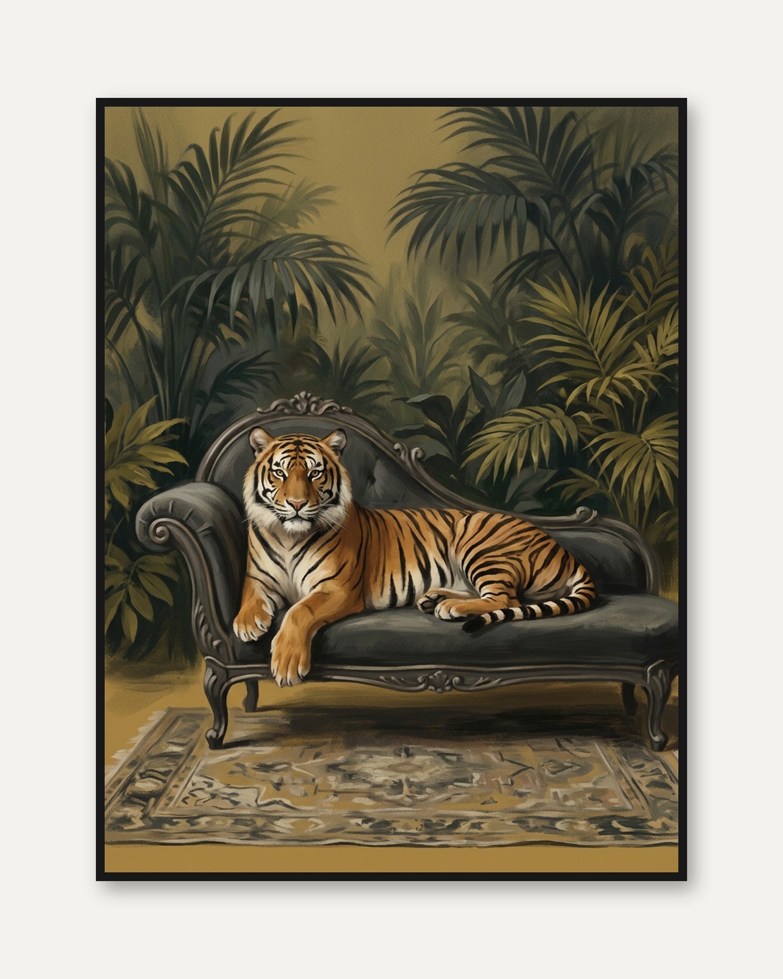Tiger on Chaise Lounge Art Print: Tropical Palm Jungle Decor - framed
