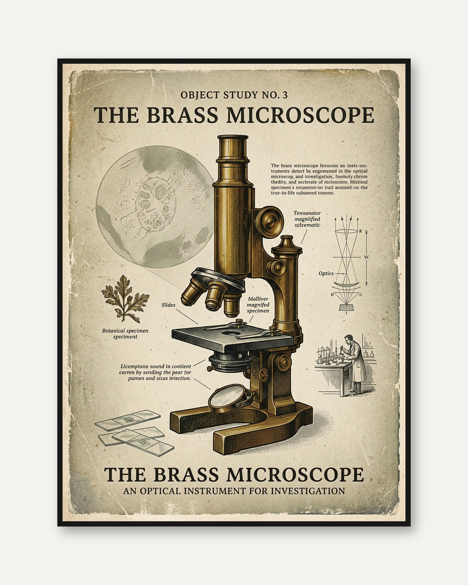 Brass Microscope Art Print: Vintage Scientific Illustration Poster - framed
