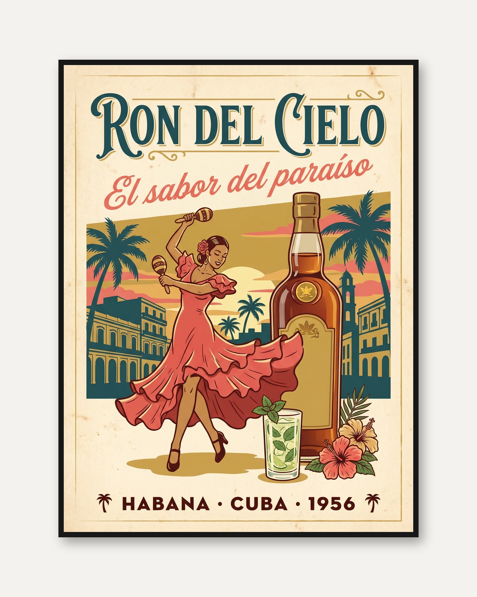 Ron del Cielo Rum Poster: Vintage Cuban Havana Art Print - framed