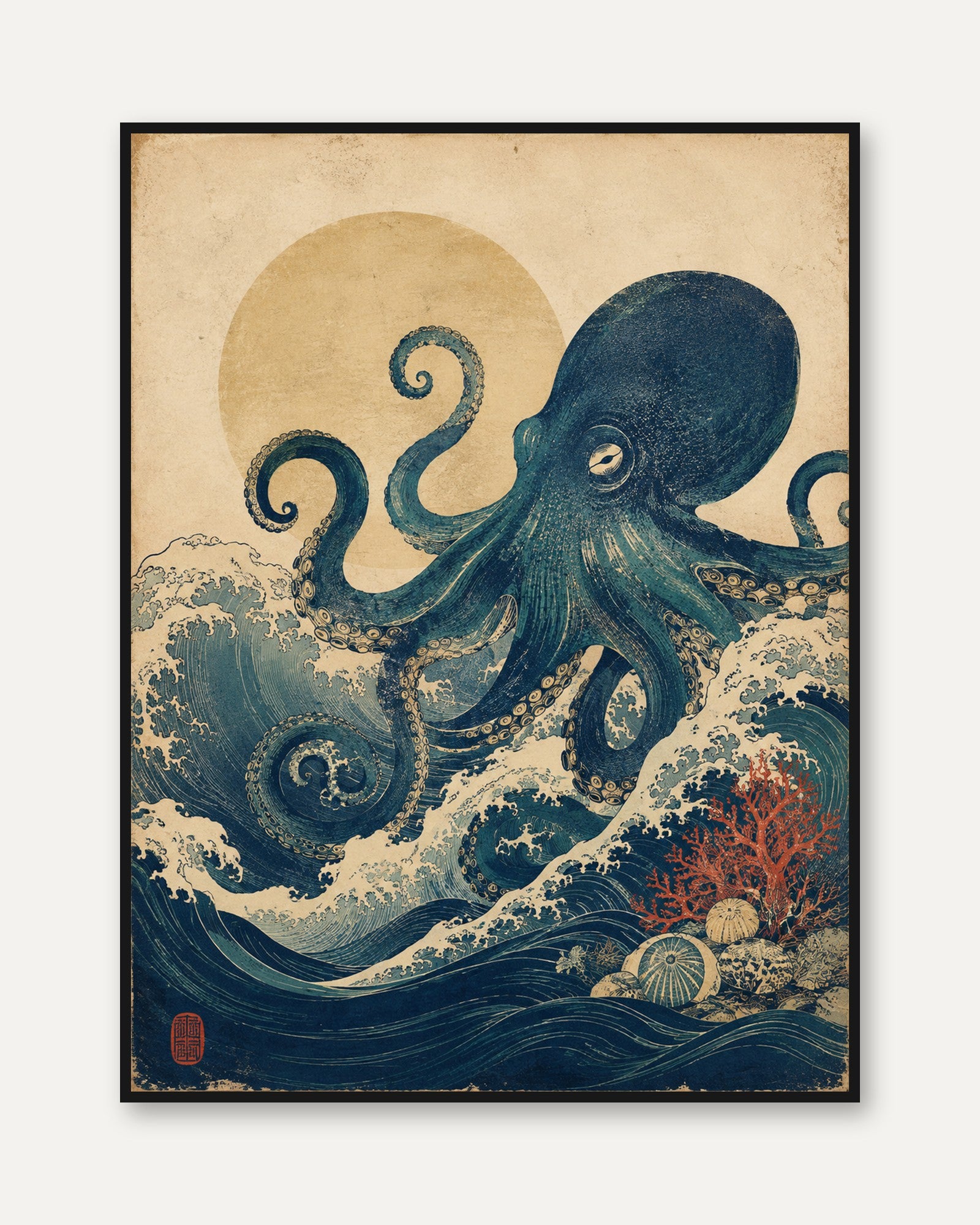 Japanese Octopus Print – Vintage Ocean Wall Art - framed