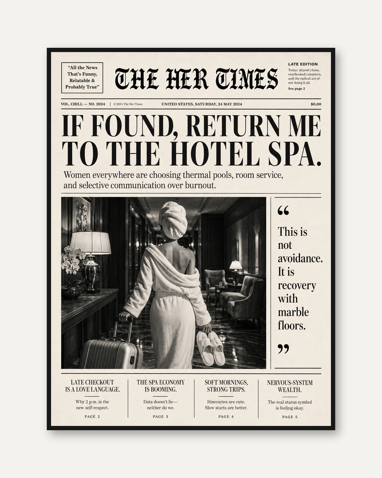 Vintage Newspaper Wall Art: Humorous Hotel Spa Headline - framed