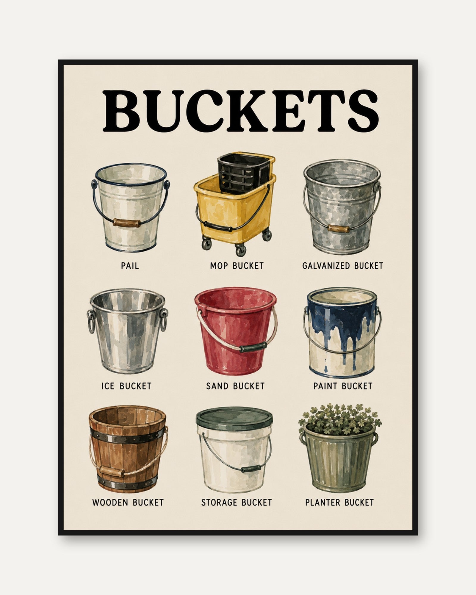 Vintage Bucket Collection Print: Illustrated Reference Poster - framed