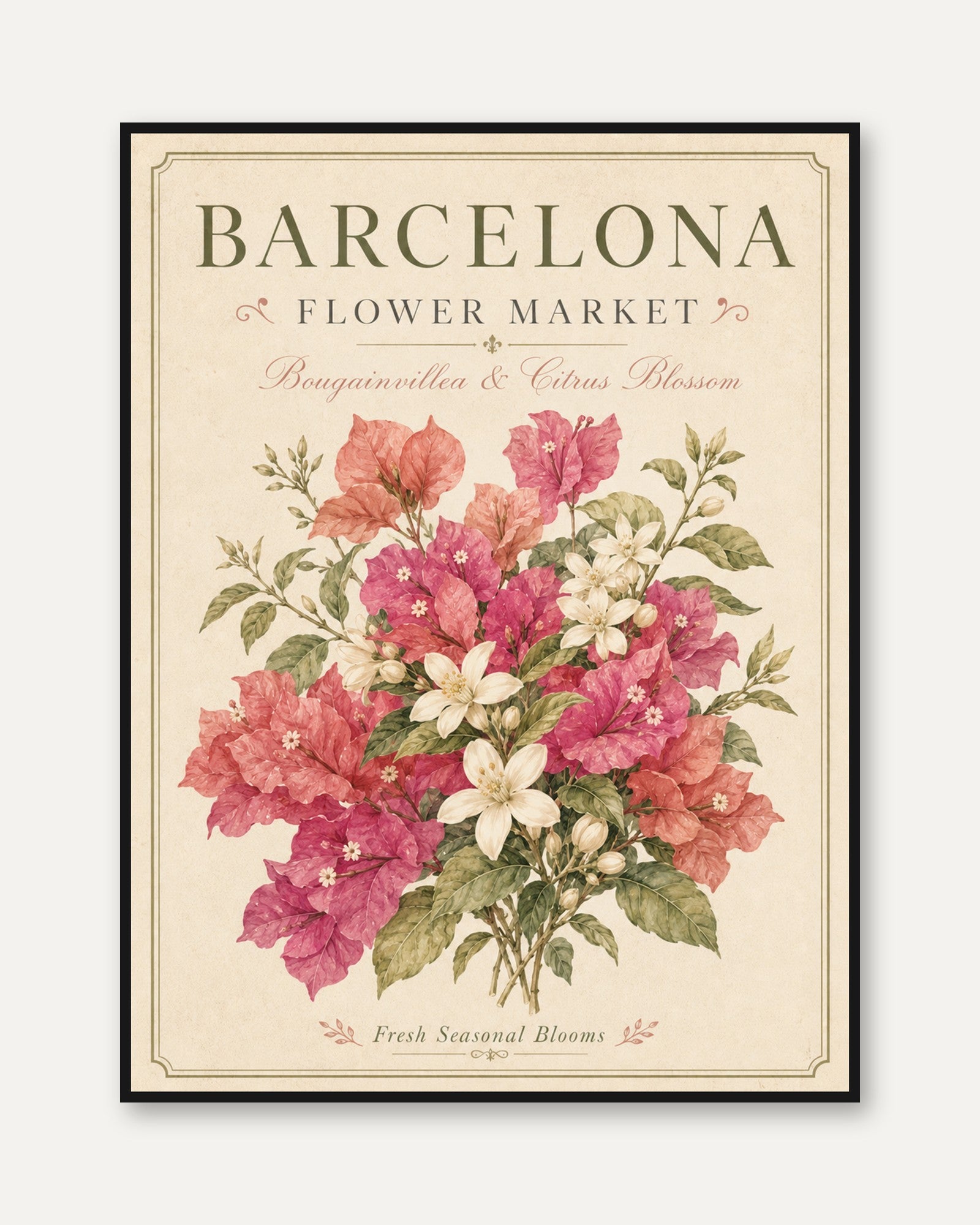 Barcelona Floral Print — Vintage Botanical Bougainvillea & Citrus - framed