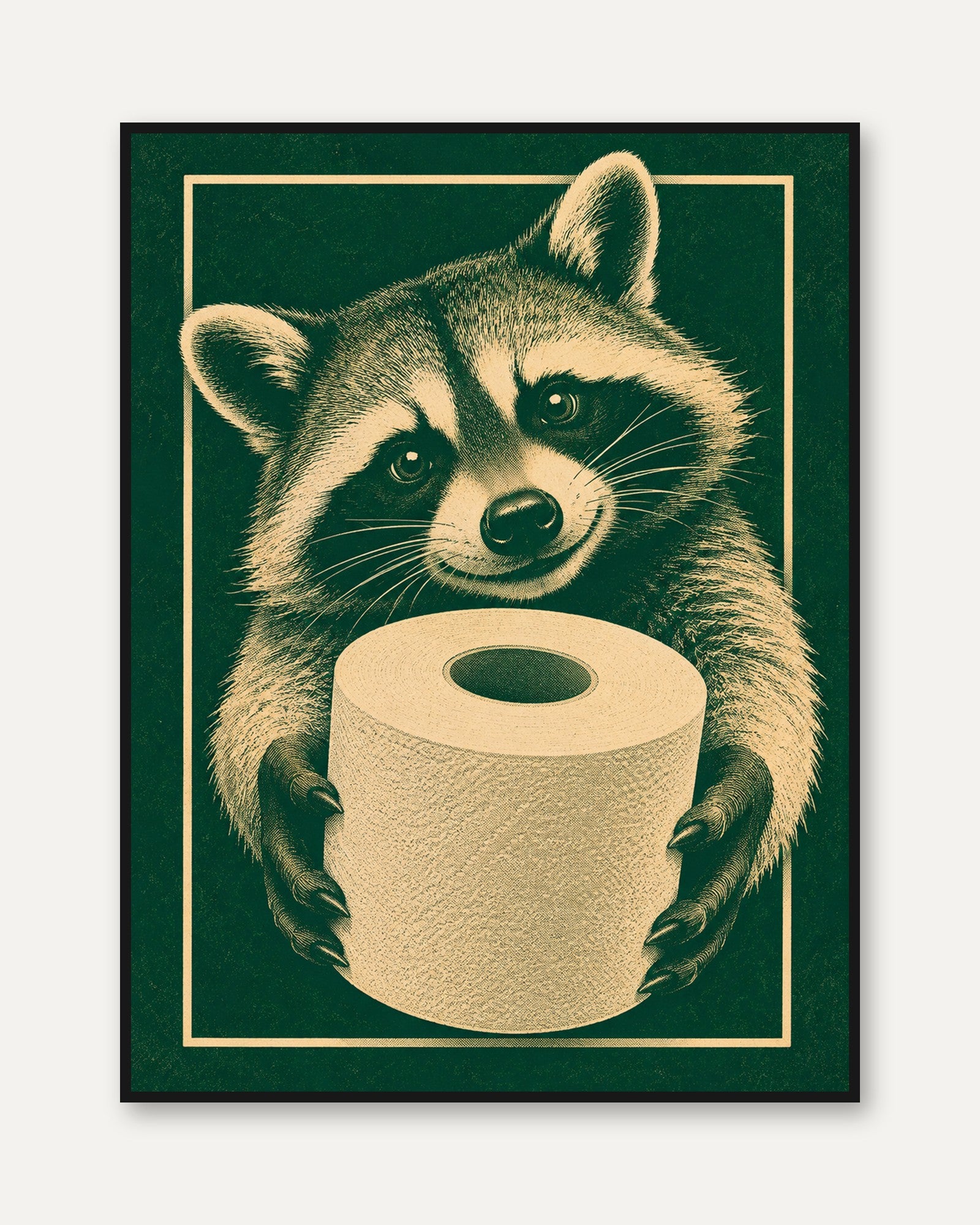 Raccoon Vintage Print: Retro Bathroom Art in Green and Cream - framed