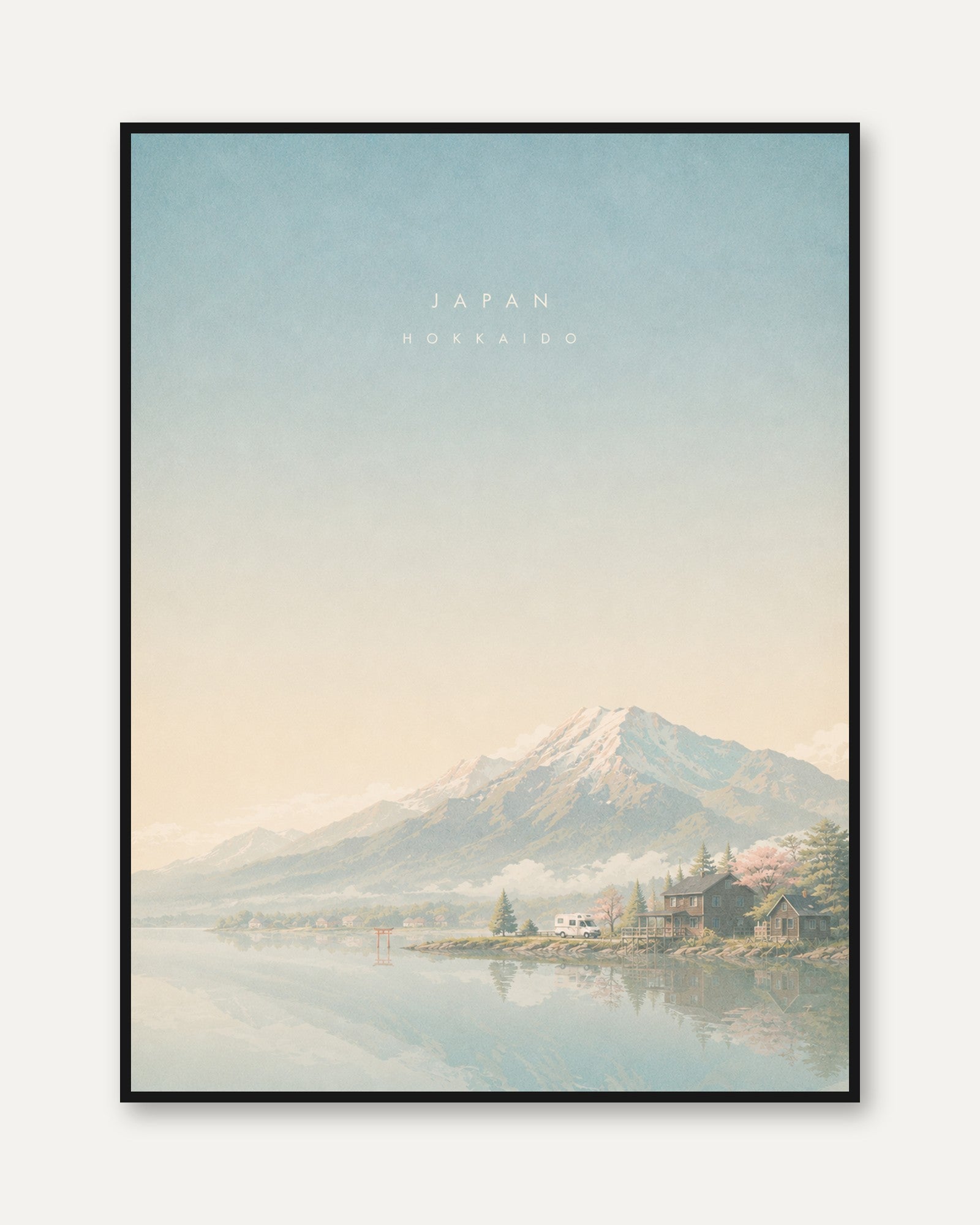 Hokkaido Mountain Lake Poster: Pastel Japanese Landscape Art - framed