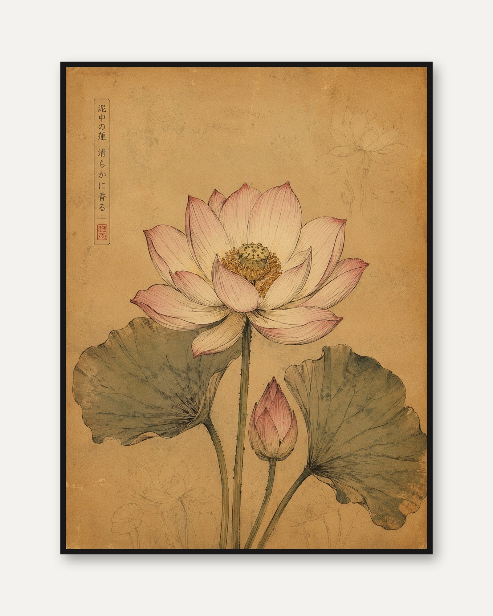 Vintage Lotus Botanical Print — Asian Watercolor Art - framed