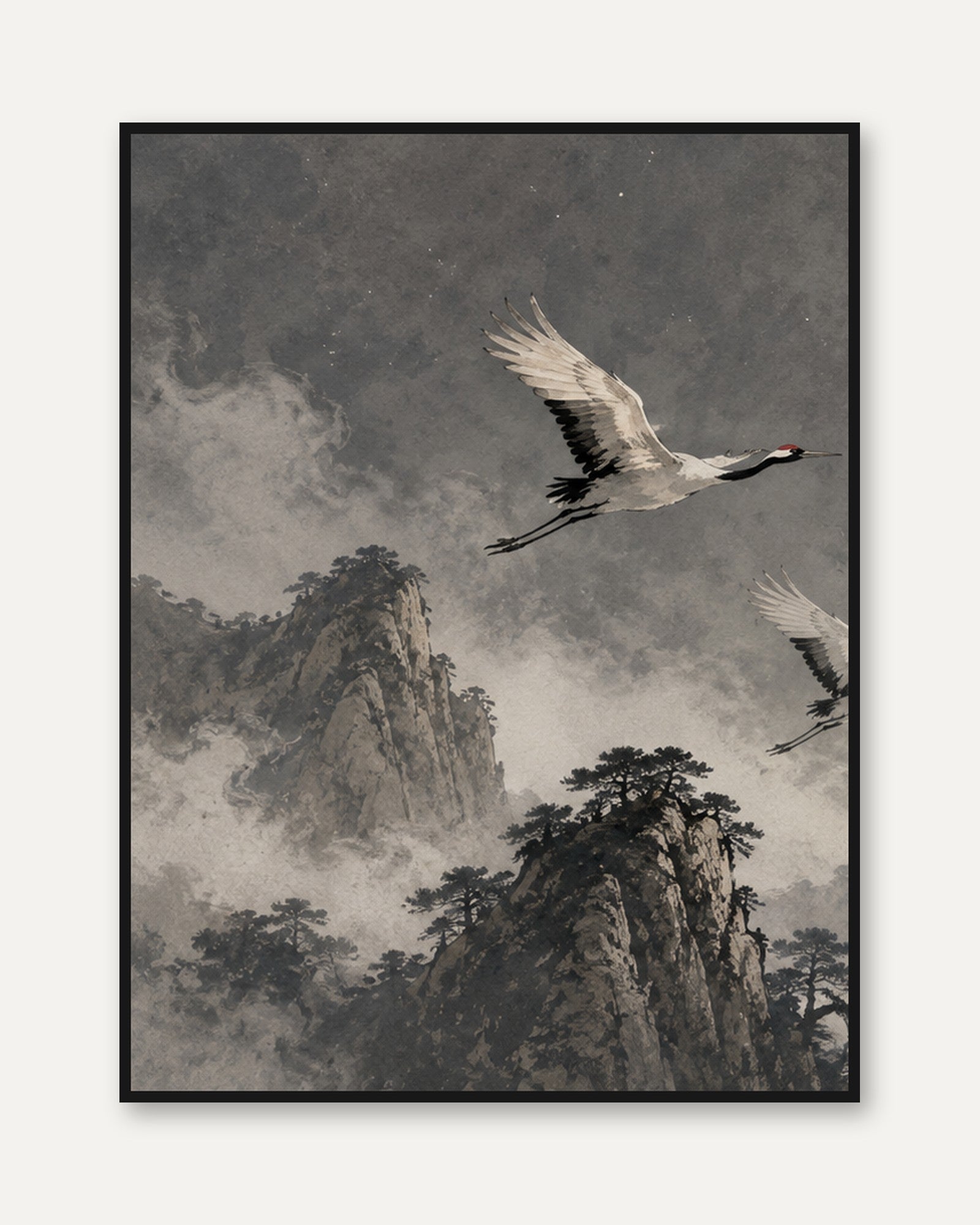 Flying Cranes Over Misty Mountains: Traditional Asian Ink Art Print - framed