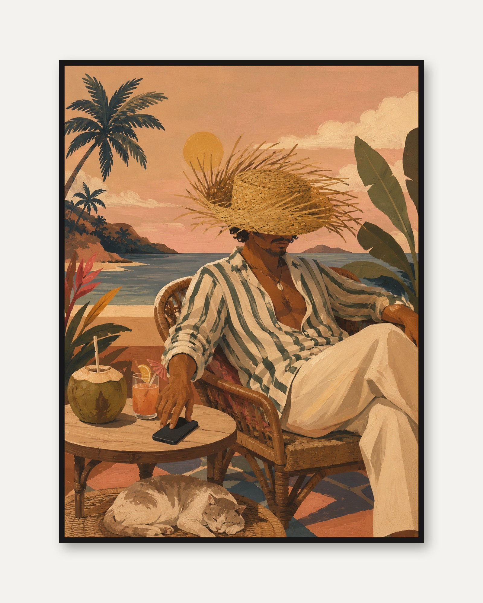 Tropical Coastal Leisure Art Print: Vintage Beach Scene - framed